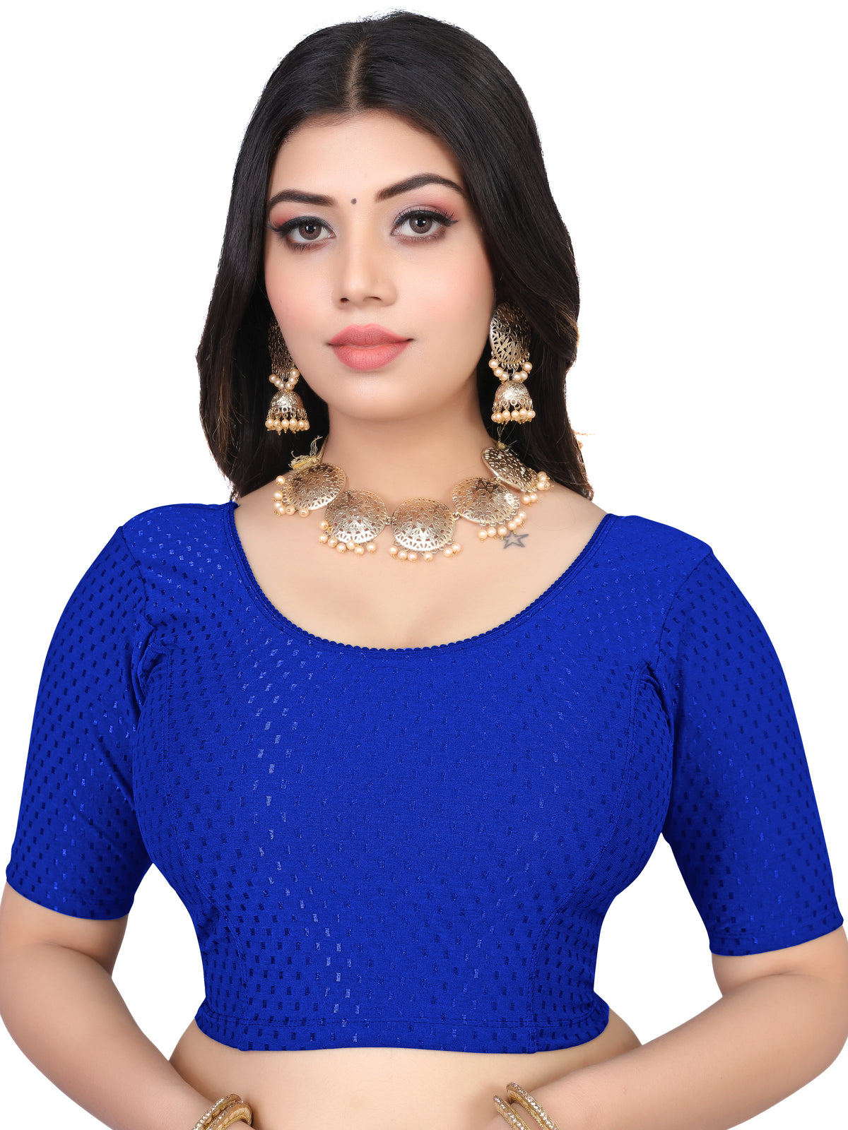 NIJER FASHION Women's Readymade Stretchable Textured Saree Blouse | Round Neck, Half Sleeve & Deep U Back