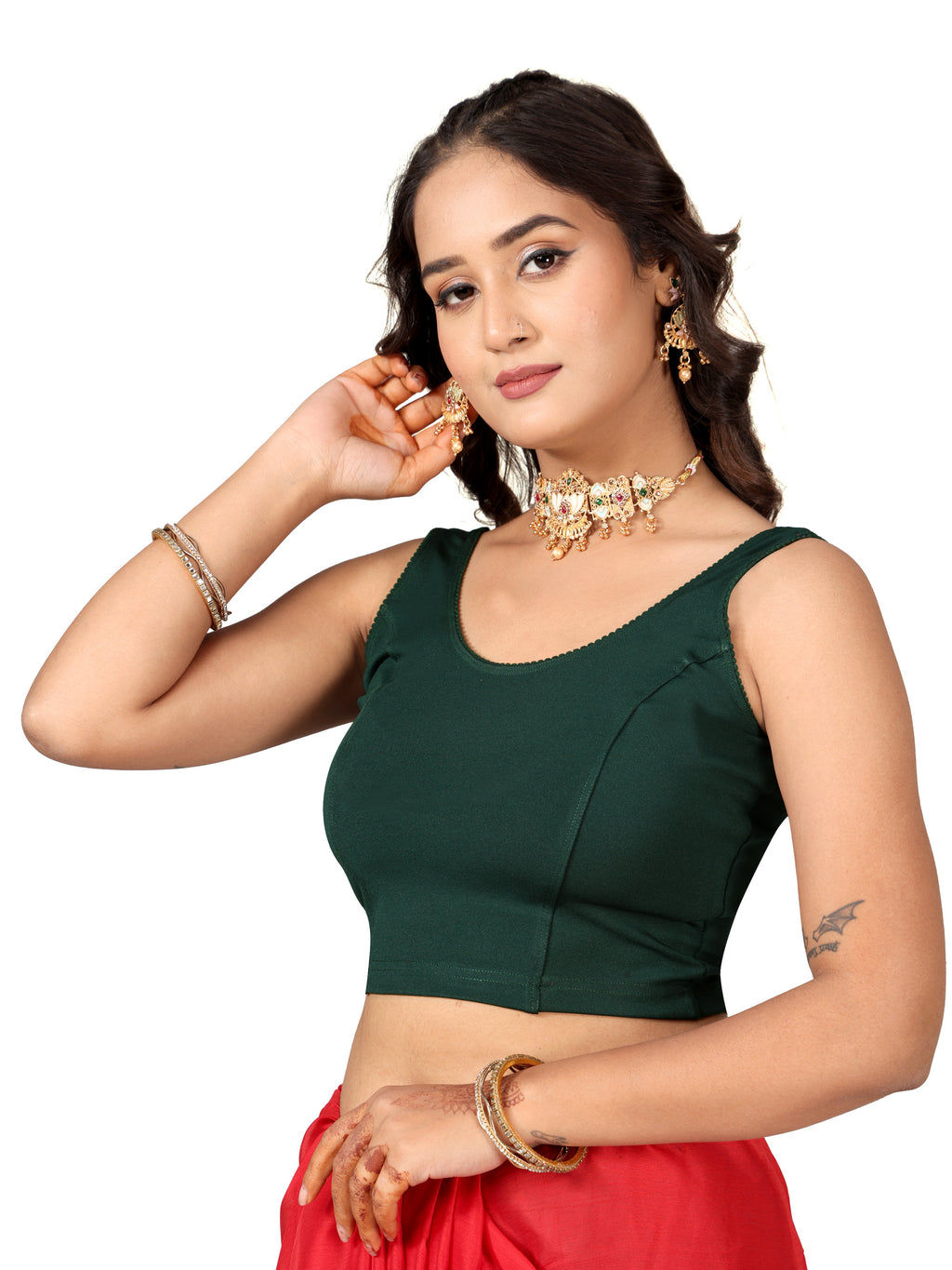 NIJER Women's Sleeveless Readymade Stretchable Saree Blouse | Round Neck Deep U Back Design