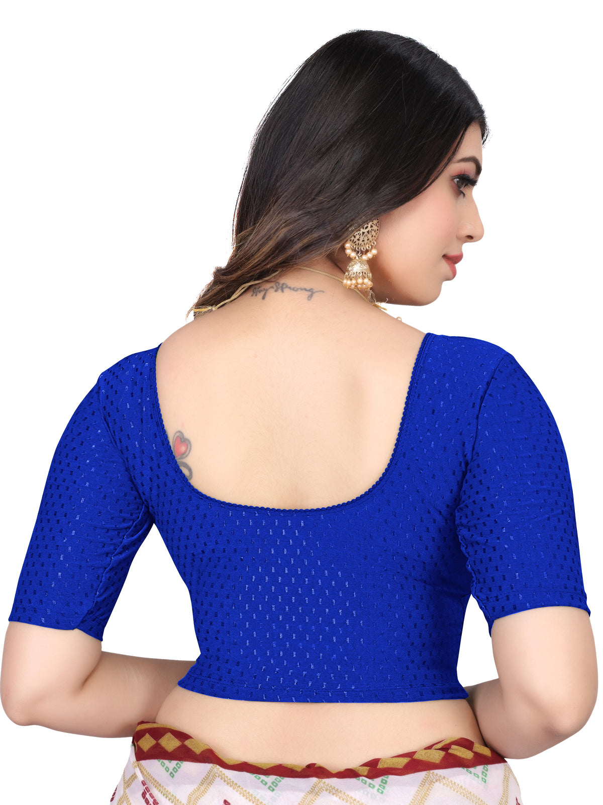 NIJER FASHION Women's Readymade Stretchable Textured Saree Blouse | Round Neck, Half Sleeve & Deep U Back