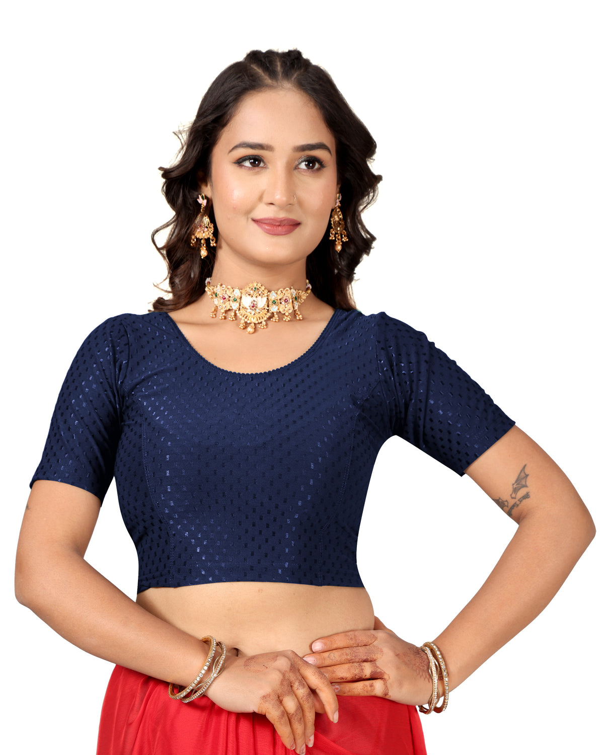 NIJER FASHION Women's Readymade Stretchable Round Neck Half Sleeve Saree Blouse
