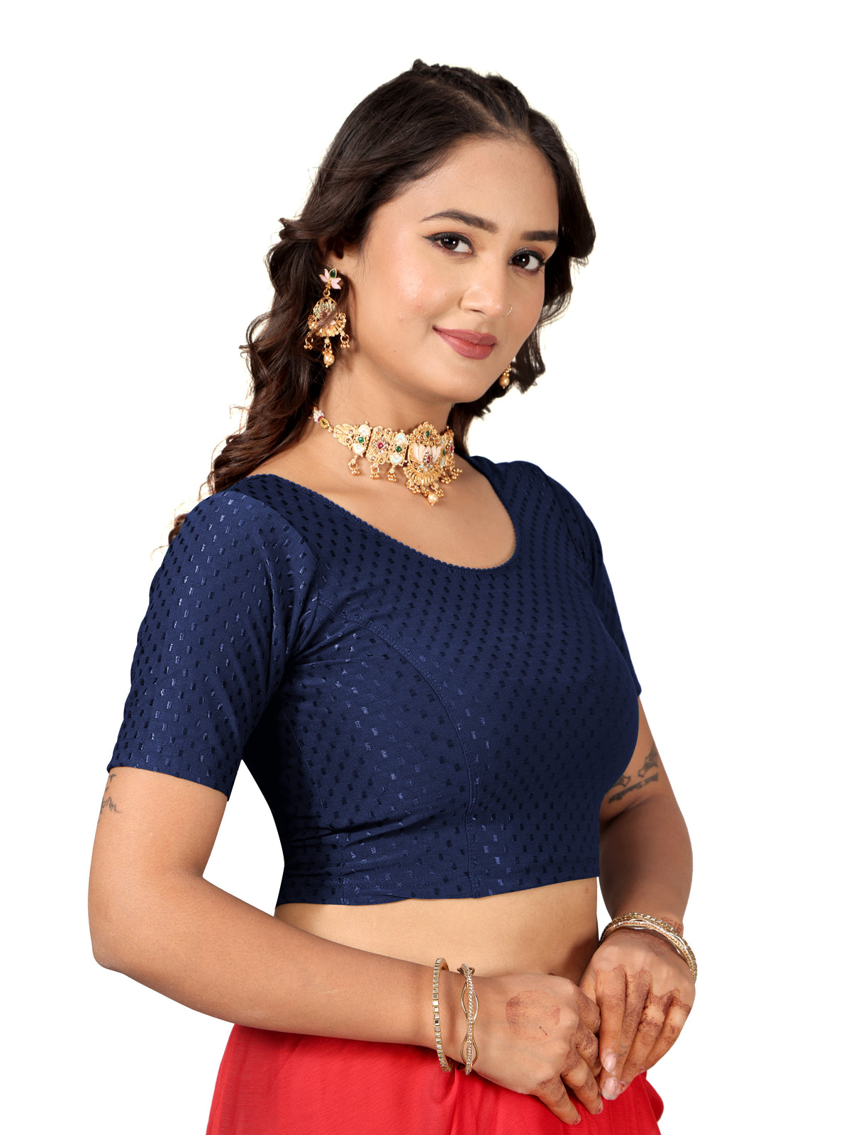 NIJER FASHION Women's Readymade Stretchable Round Neck Half Sleeve Saree Blouse