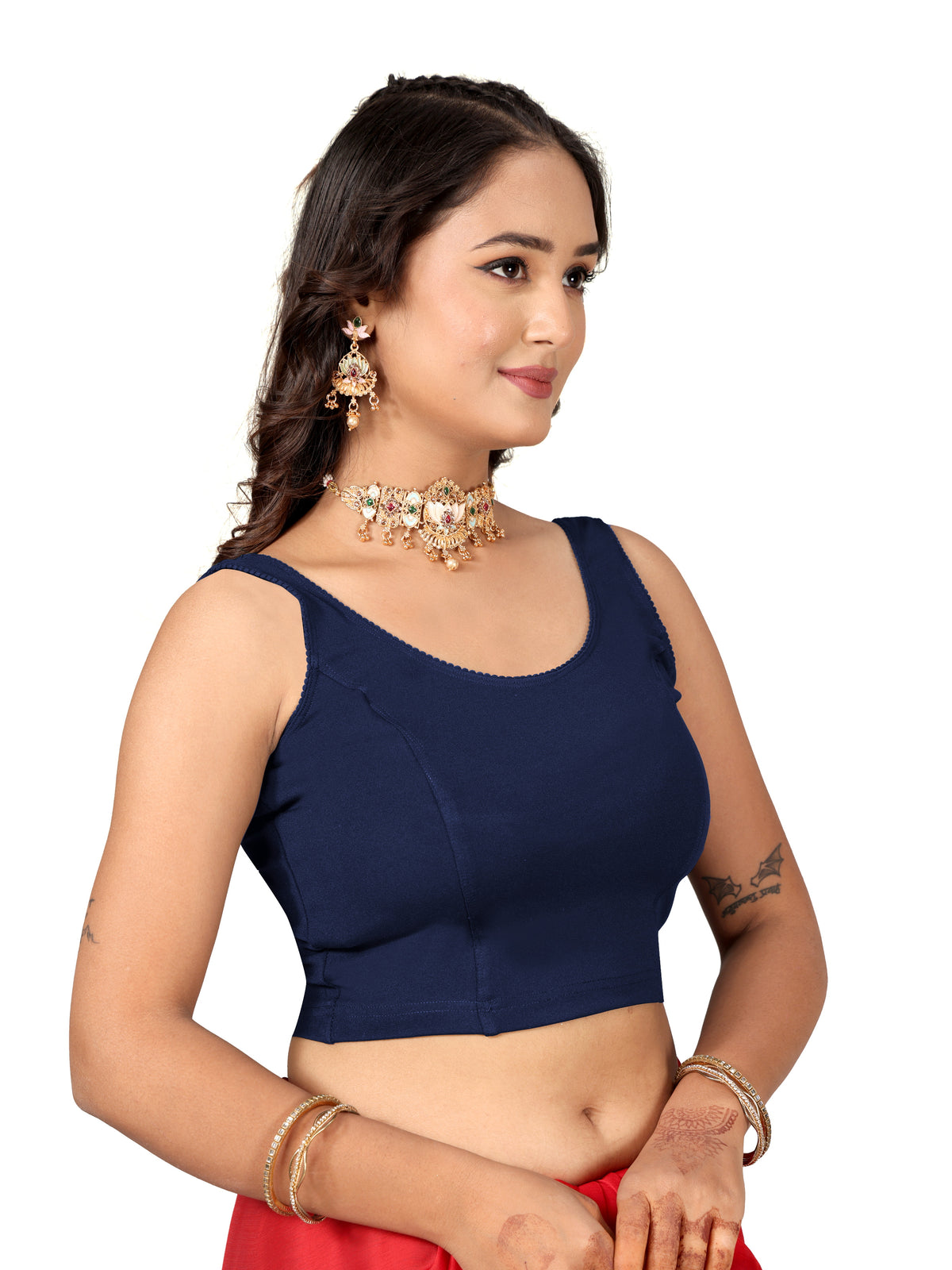 NIJER Women's Sleeveless Readymade Stretchable Saree Blouse | Round Neck Deep U Back Design