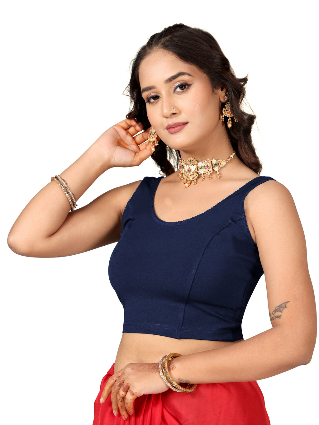 NIJER Women's Sleeveless Readymade Stretchable Saree Blouse | Round Neck Deep U Back Design