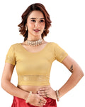 NIJER FASHION Women's Golden Readymade Stretchable Saree Blouse | Round Neck, Short Sleeve, Floral Lace Design & Deep U Back  Copy Title