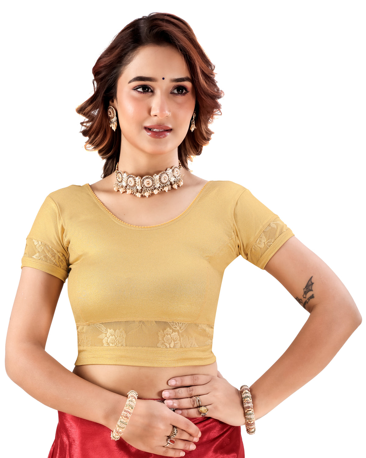 NIJER FASHION Women's Golden Readymade Stretchable Saree Blouse | Round Neck, Short Sleeve, Floral Lace Design & Deep U Back  Copy Title