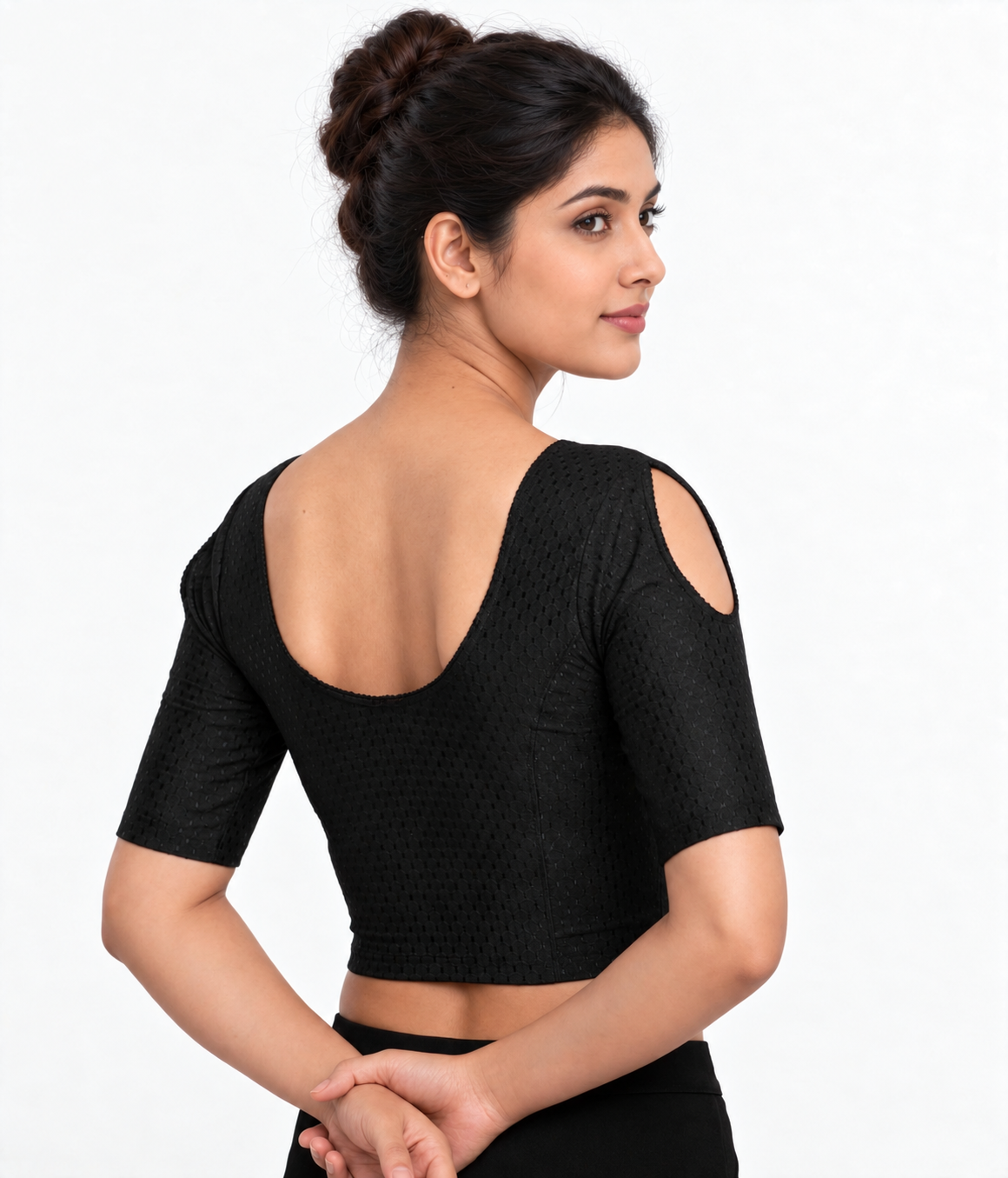NIJER FASHION Women's Readymade Stretchable Textured Saree Blouse | Round Neck, Shoulder Cut Half Sleeve & Deep U Back