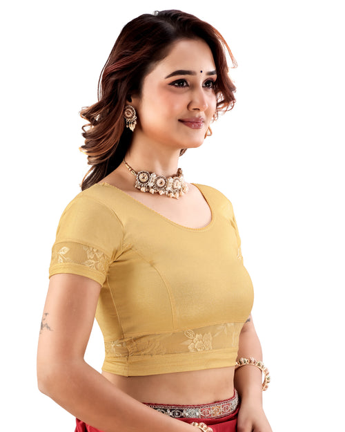 NIJER FASHION Women's Golden Readymade Stretchable Saree Blouse | Round Neck, Short Sleeve, Floral Lace Design & Deep U Back  Copy Title