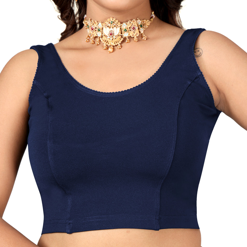 NIJER Women's Sleeveless Readymade Stretchable Saree Blouse | Round Neck Deep U Back Design