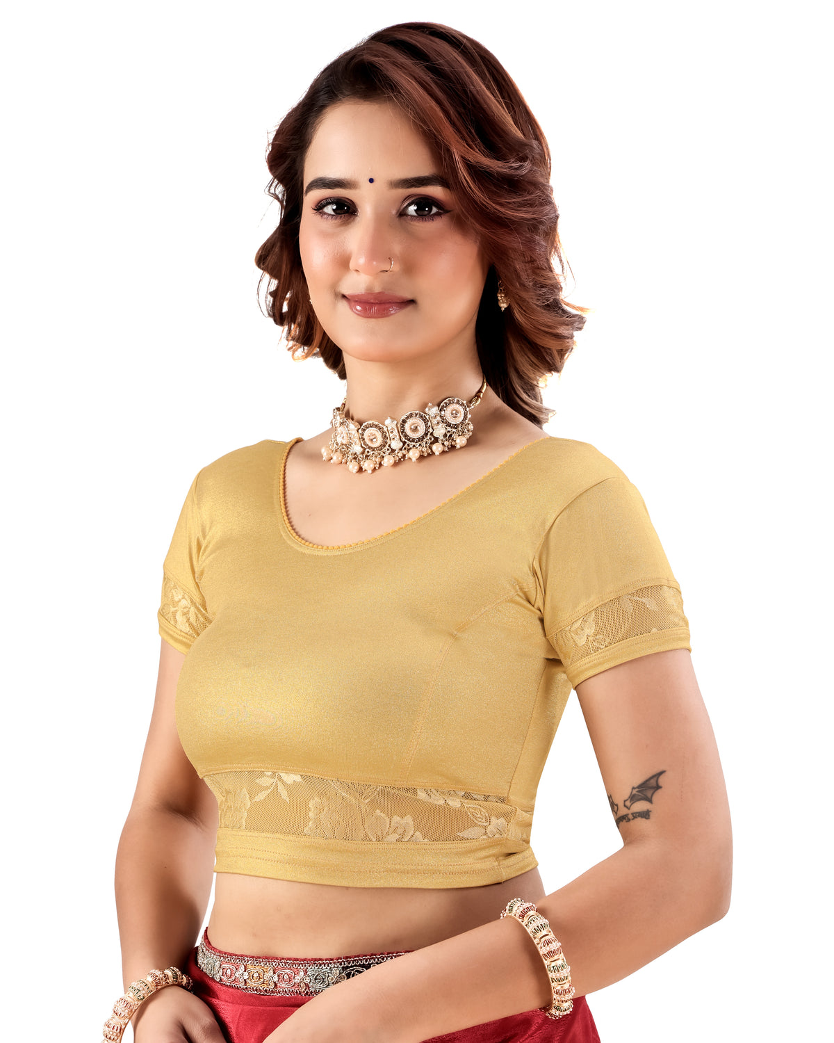 NIJER FASHION Women's Golden Readymade Stretchable Saree Blouse | Round Neck, Short Sleeve, Floral Lace Design & Deep U Back  Copy Title