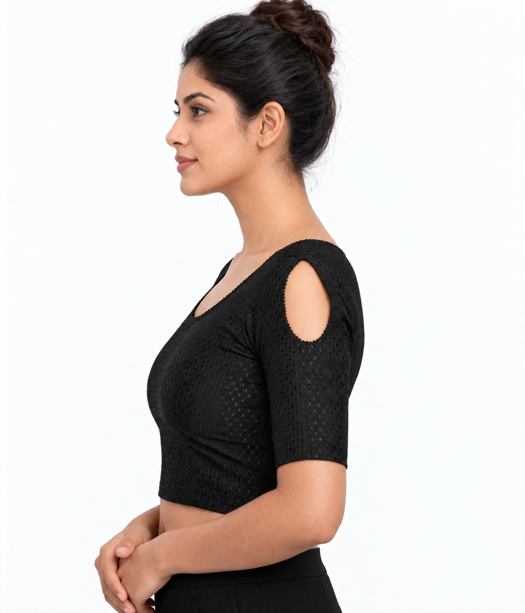 NIJER FASHION Women's Readymade Stretchable Textured Saree Blouse | Round Neck, Shoulder Cut Half Sleeve & Deep U Back