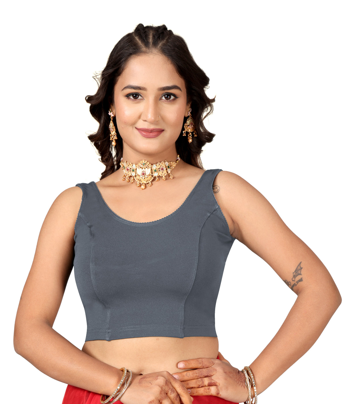 NIJER Women's Sleeveless Readymade Stretchable Saree Blouse | Round Neck Deep U Back Design | Stylish Plain Blouse