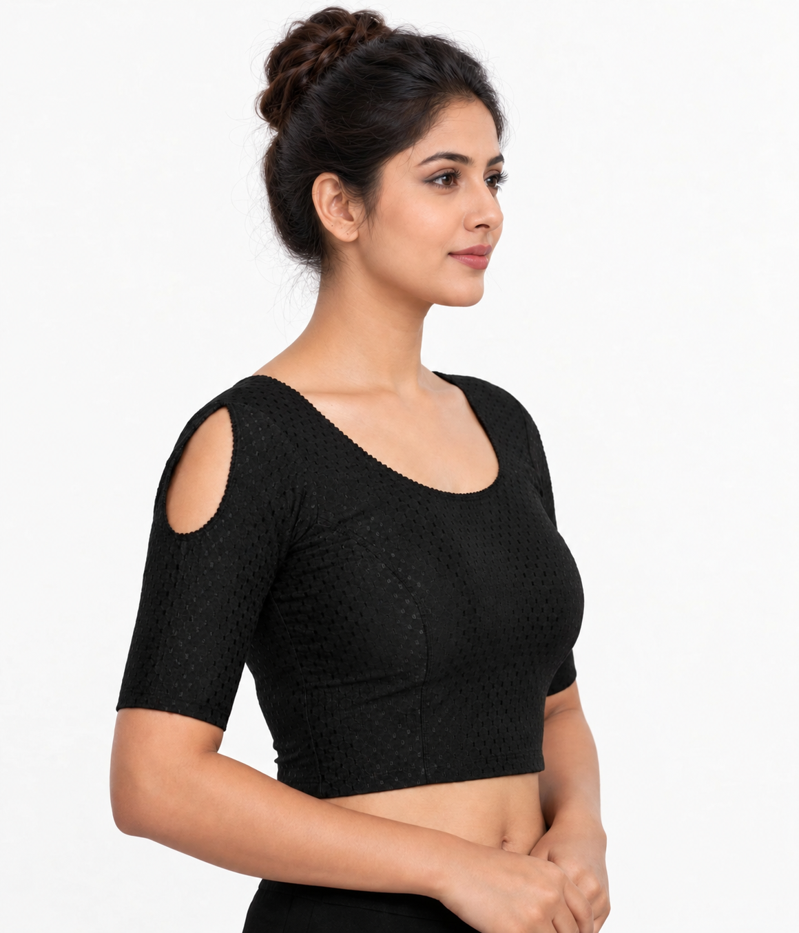 NIJER FASHION Women's Readymade Stretchable Textured Saree Blouse | Round Neck, Shoulder Cut Half Sleeve & Deep U Back