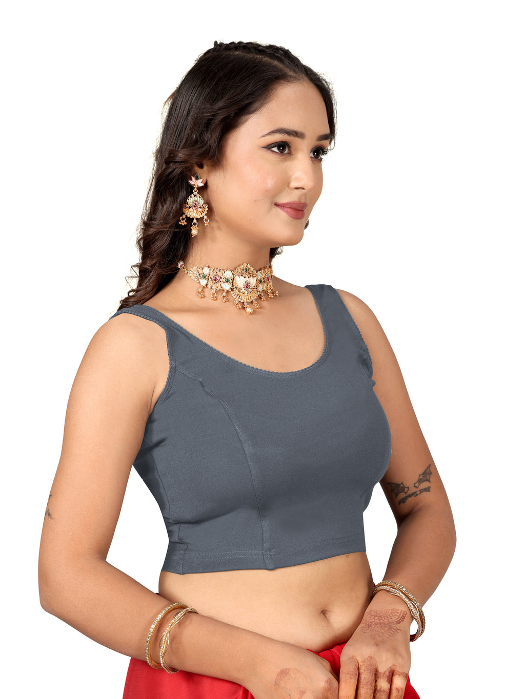 NIJER Women's Sleeveless Readymade Stretchable Saree Blouse | Round Neck Deep U Back Design | Stylish Plain Blouse