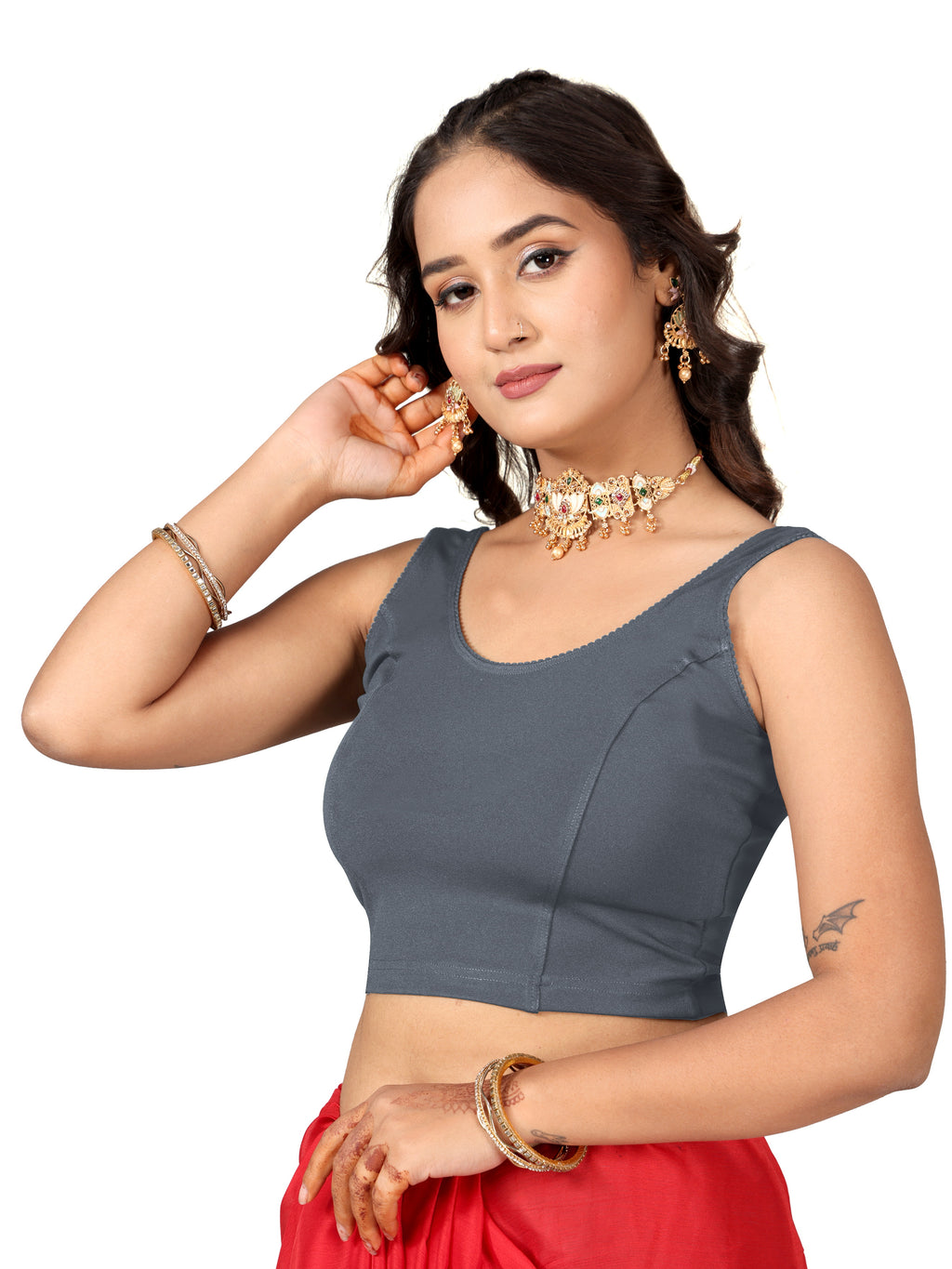 NIJER Women's Sleeveless Readymade Stretchable Saree Blouse | Round Neck Deep U Back Design | Stylish Plain Blouse