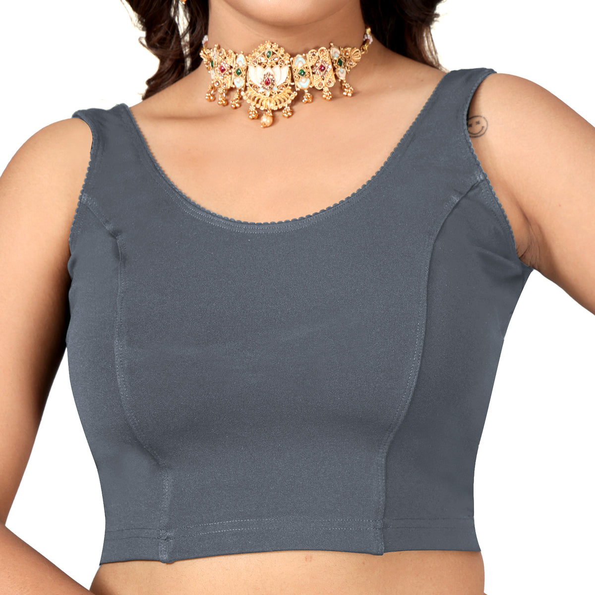 NIJER Women's Sleeveless Readymade Stretchable Saree Blouse | Round Neck Deep U Back Design | Stylish Plain Blouse