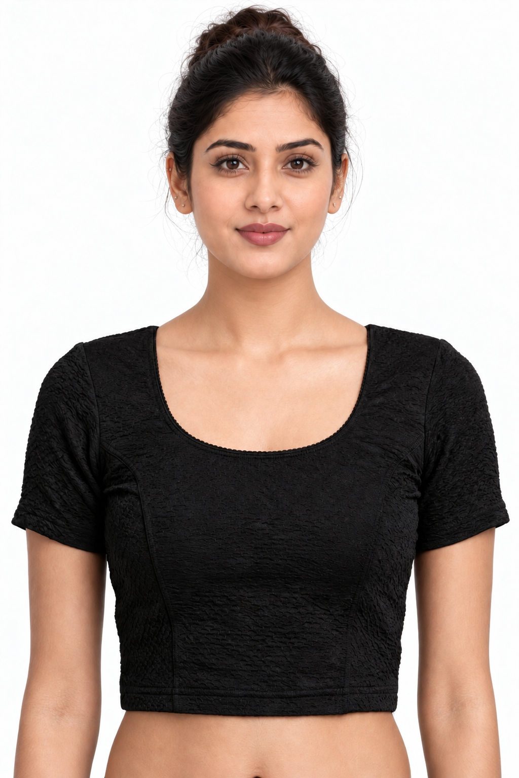 NIJER FASHION Women's Readymade Stretchable Textured Round Neck Short Sleeve Saree Blouse