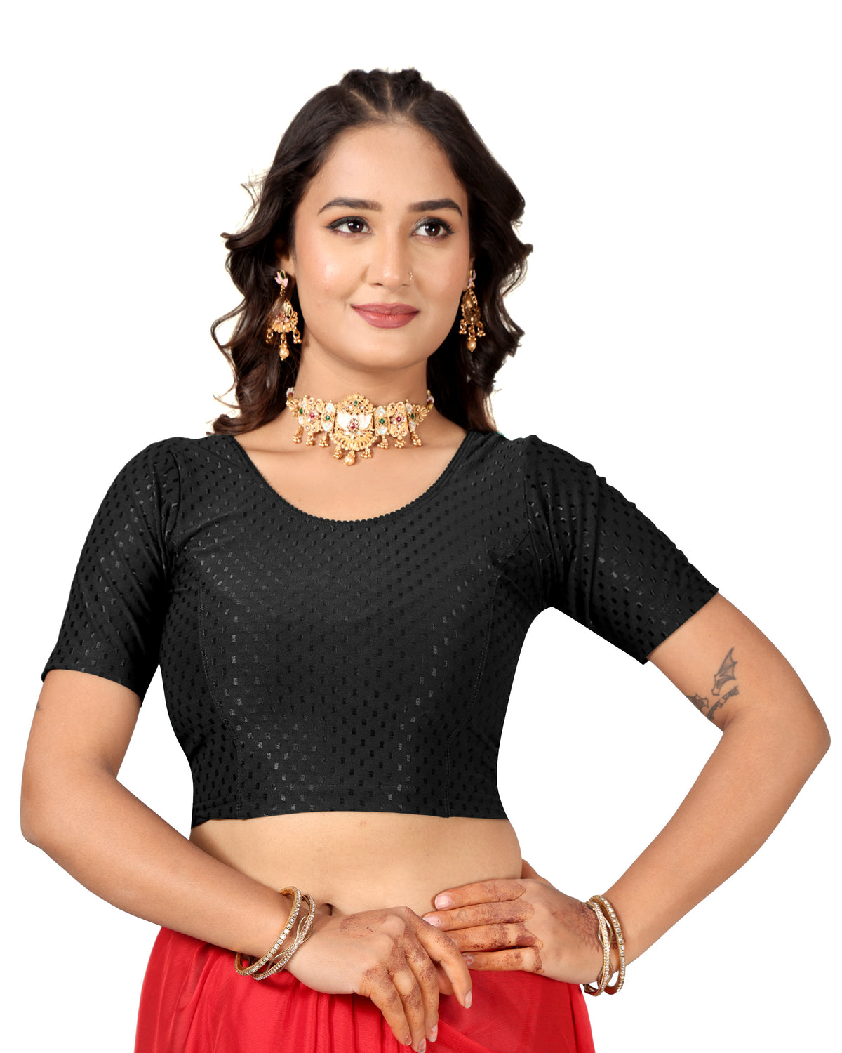 NIJER FASHION Women's Readymade Stretchable Round Neck Half Sleeve Saree Blouse