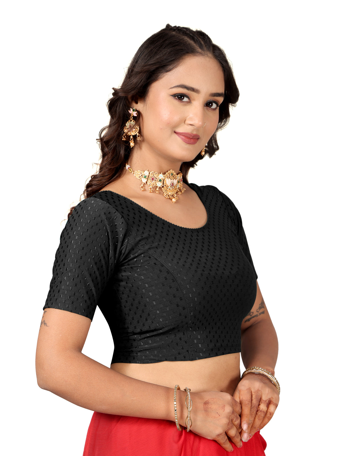 NIJER FASHION Women's Readymade Stretchable Round Neck Half Sleeve Saree Blouse
