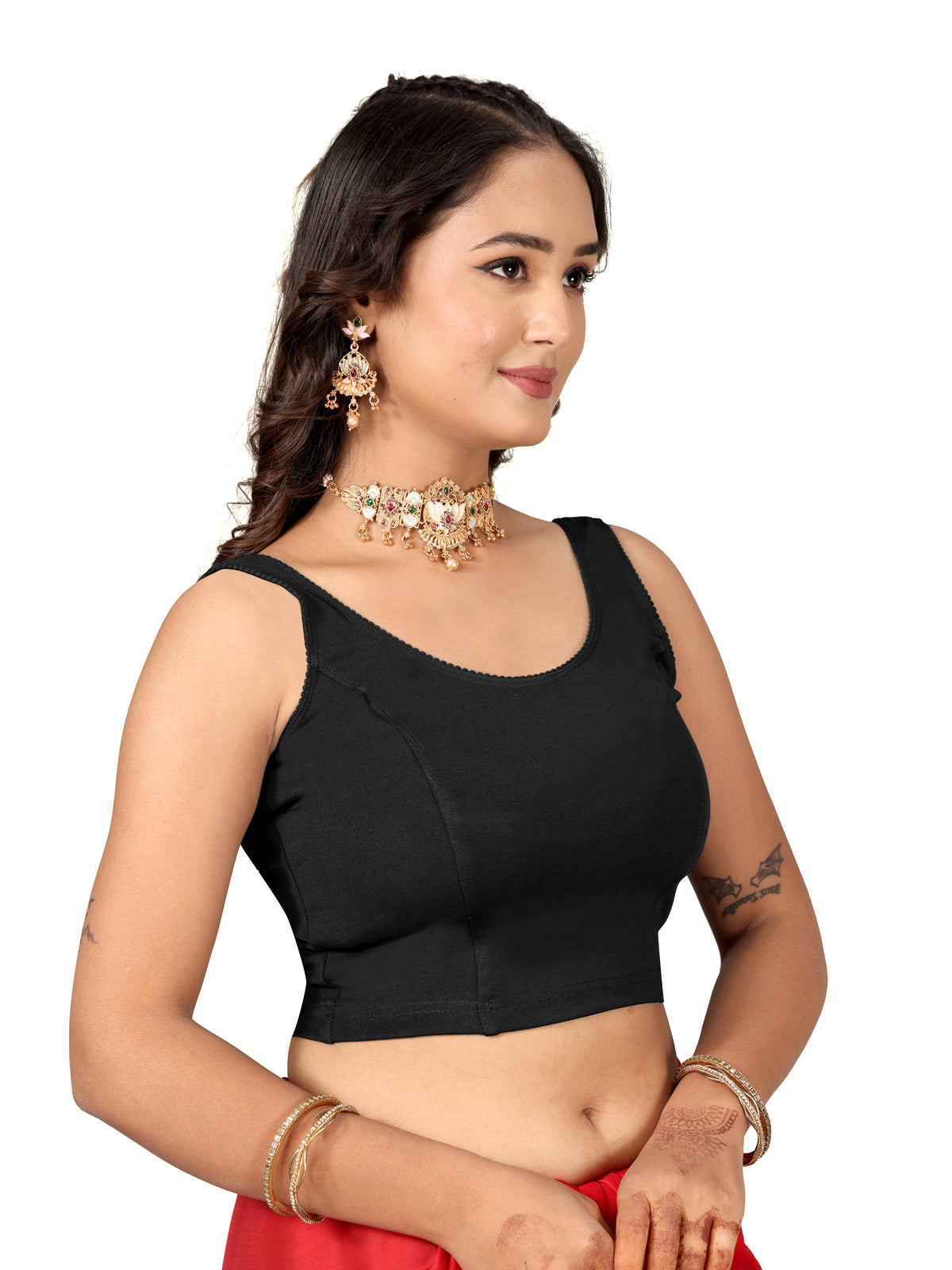 NIJER Women's Sleeveless Readymade Stretchable Saree Blouse | Round Neck Deep U Back Design | Stylish Plain Blouse