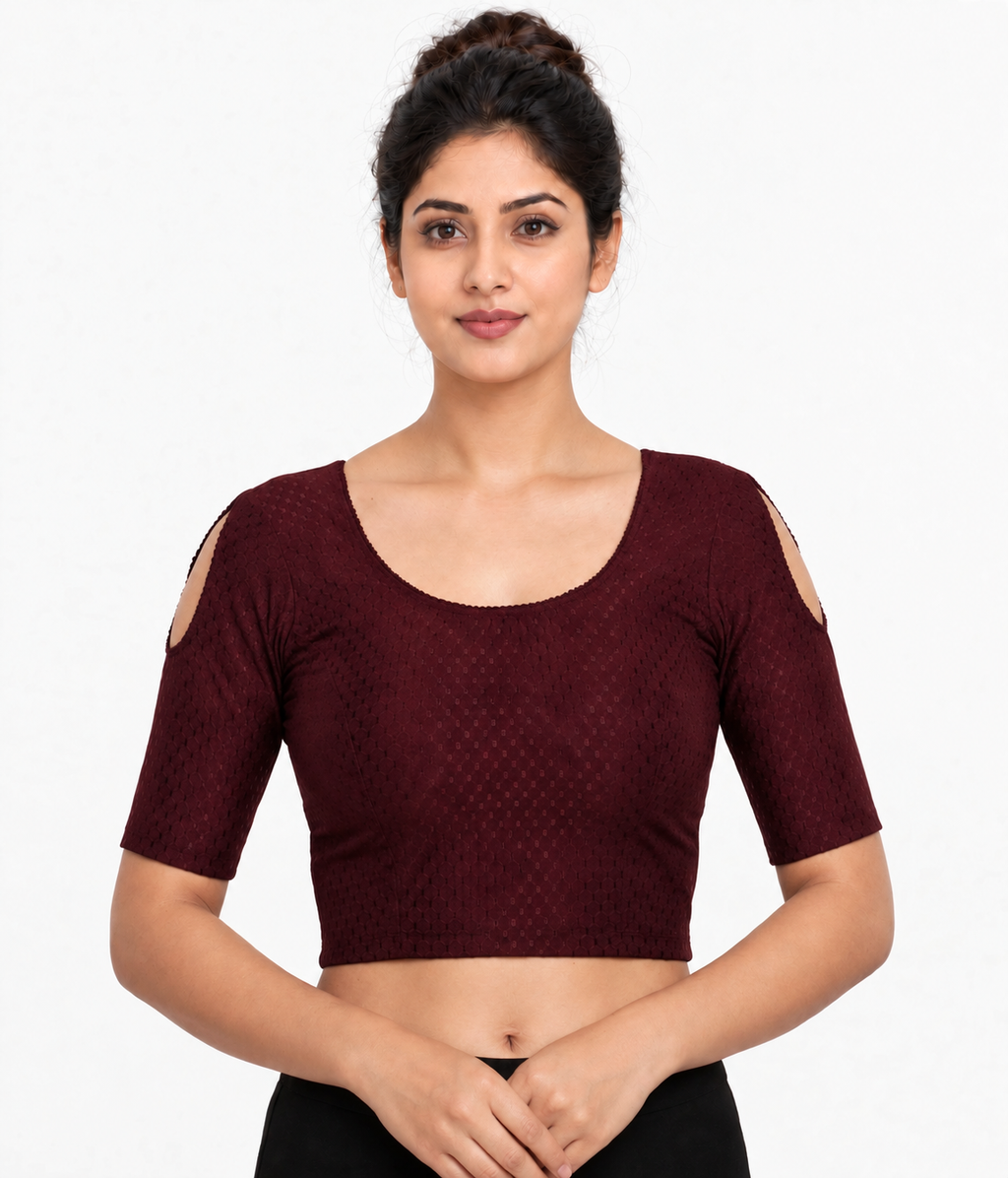 NIJER FASHION Women's Readymade Stretchable Textured Saree Blouse | Round Neck, Shoulder Cut Half Sleeve & Deep U Back