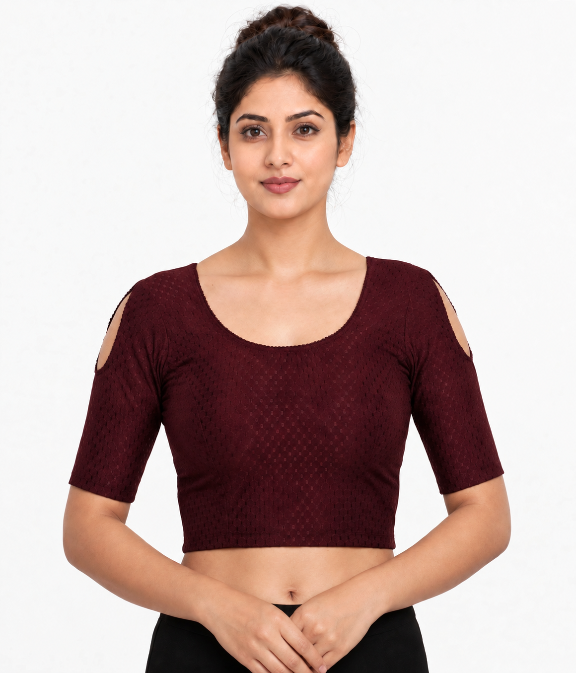 NIJER FASHION Women's Readymade Stretchable Textured Saree Blouse | Round Neck, Shoulder Cut Half Sleeve & Deep U Back
