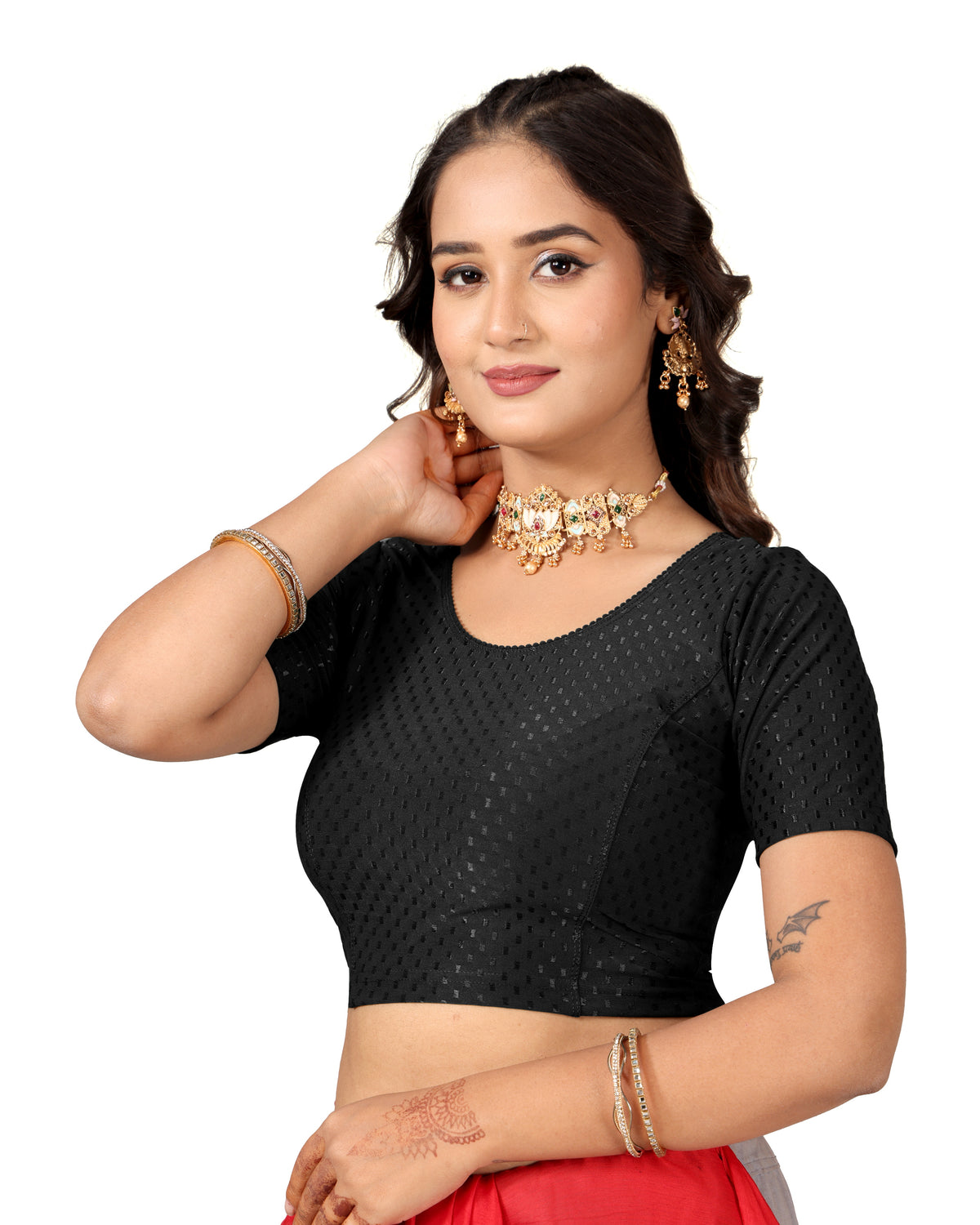 NIJER FASHION Women's Readymade Stretchable Round Neck Half Sleeve Saree Blouse
