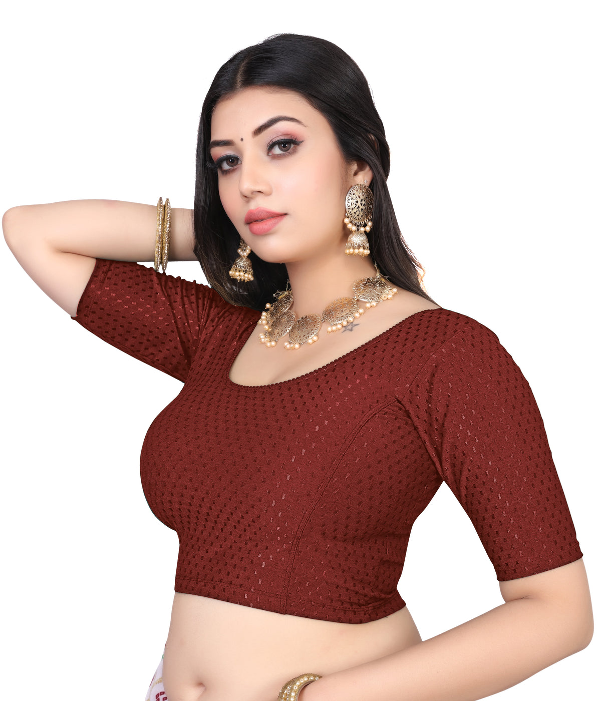 NIJER FASHION Women's Readymade Stretchable Round Neck Half Sleeve Saree Blouse