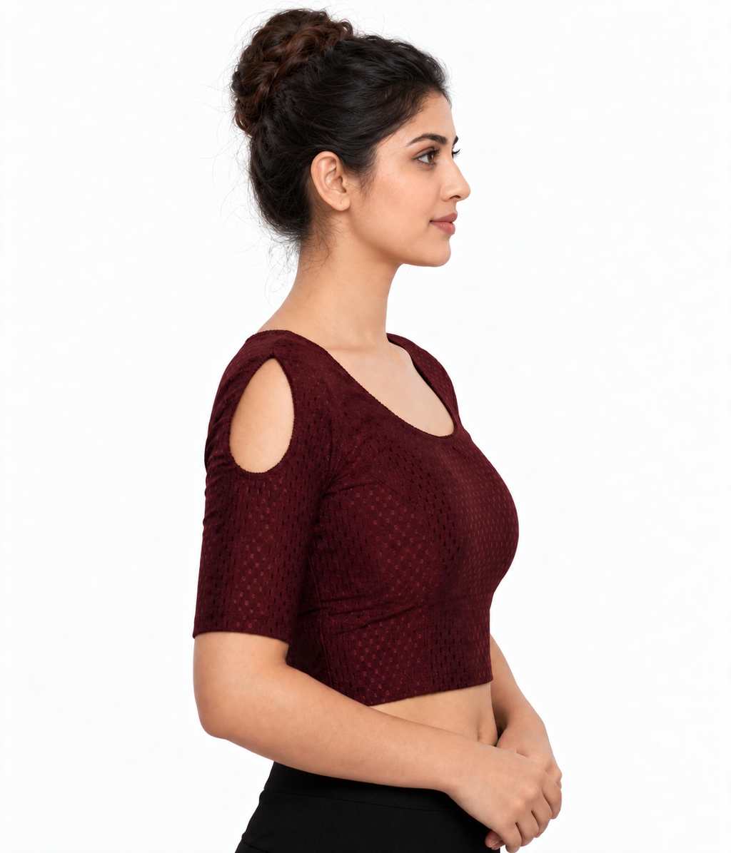 NIJER FASHION Women's Readymade Stretchable Textured Saree Blouse | Round Neck, Shoulder Cut Half Sleeve & Deep U Back