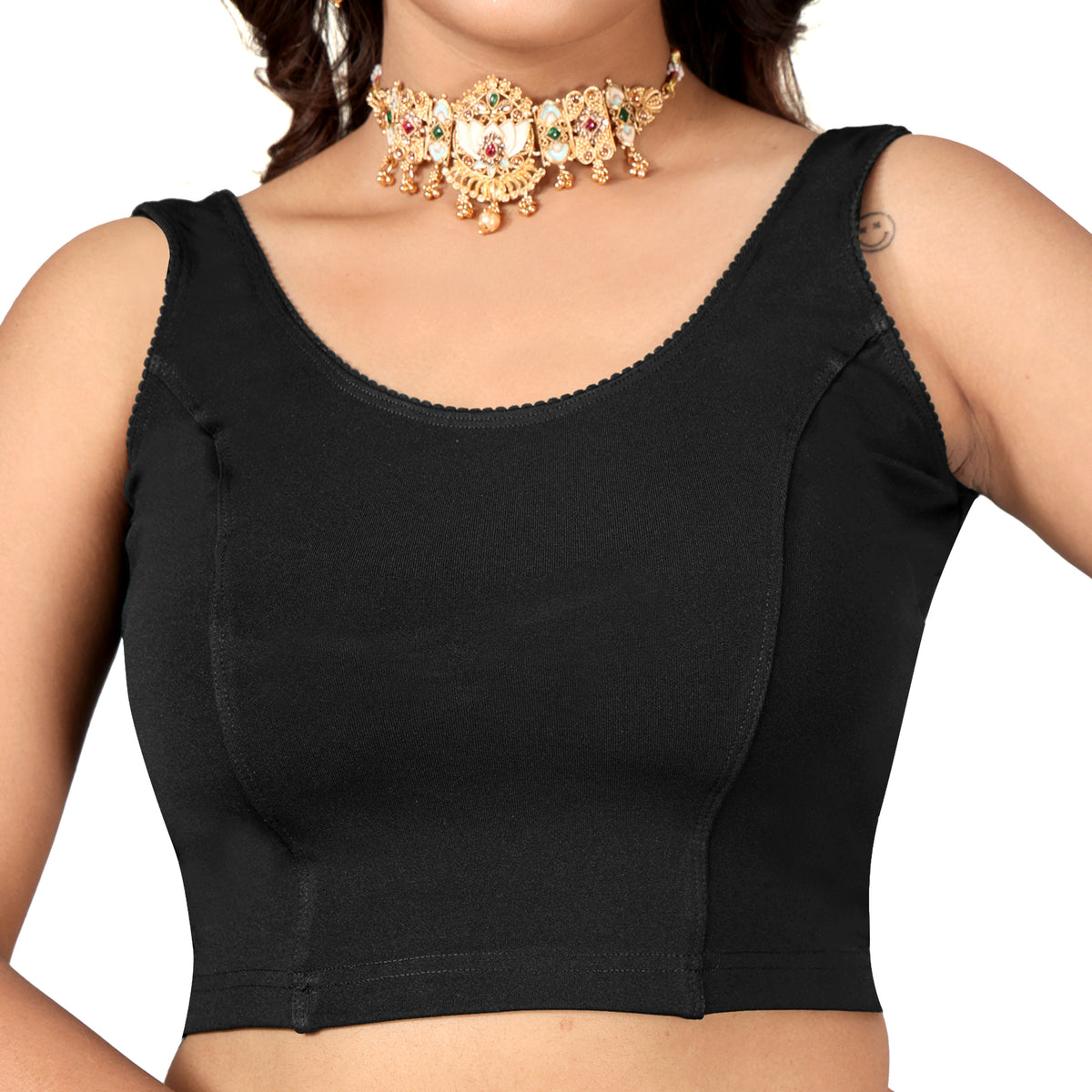 NIJER Women's Sleeveless Readymade Stretchable Saree Blouse | Round Neck Deep U Back Design | Stylish Plain Blouse