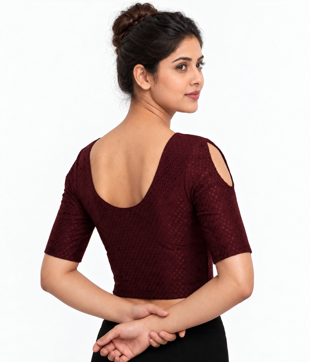 NIJER FASHION Women's Readymade Stretchable Textured Saree Blouse | Round Neck, Shoulder Cut Half Sleeve & Deep U Back