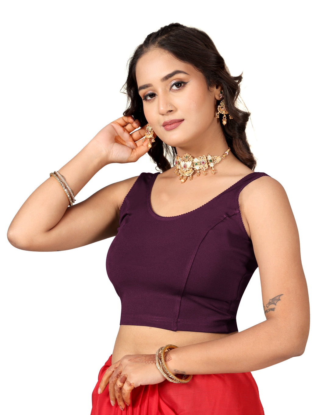 NIJER Women's Sleeveless Readymade Stretchable Saree Blouse | Round Neck Deep U Back Design