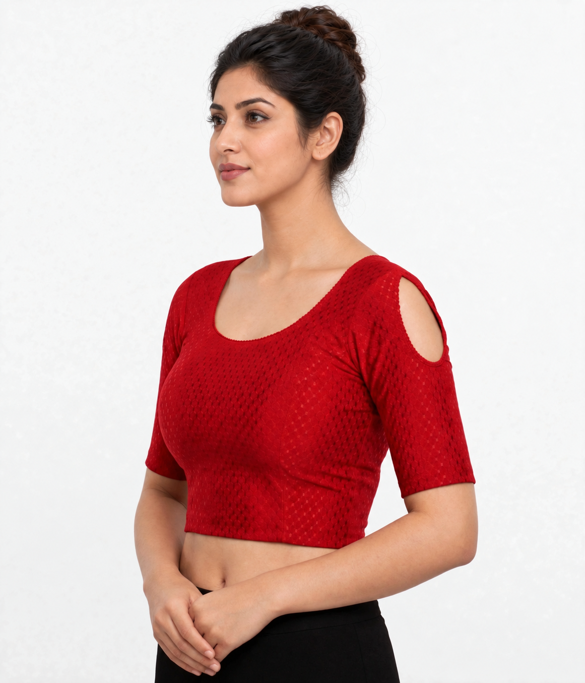 NIJER FASHION Women's Readymade Stretchable Textured Saree Blouse | Round Neck, Shoulder Cut Half Sleeve & Deep U Back