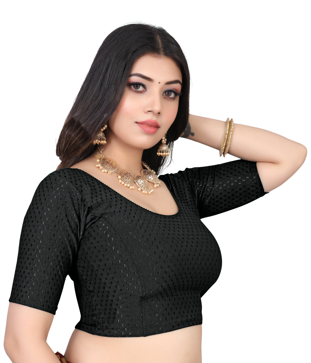 NIJER FASHION Women's Readymade Stretchable Textured Saree Blouse | Round Neck, Half Sleeve & Deep U Back
