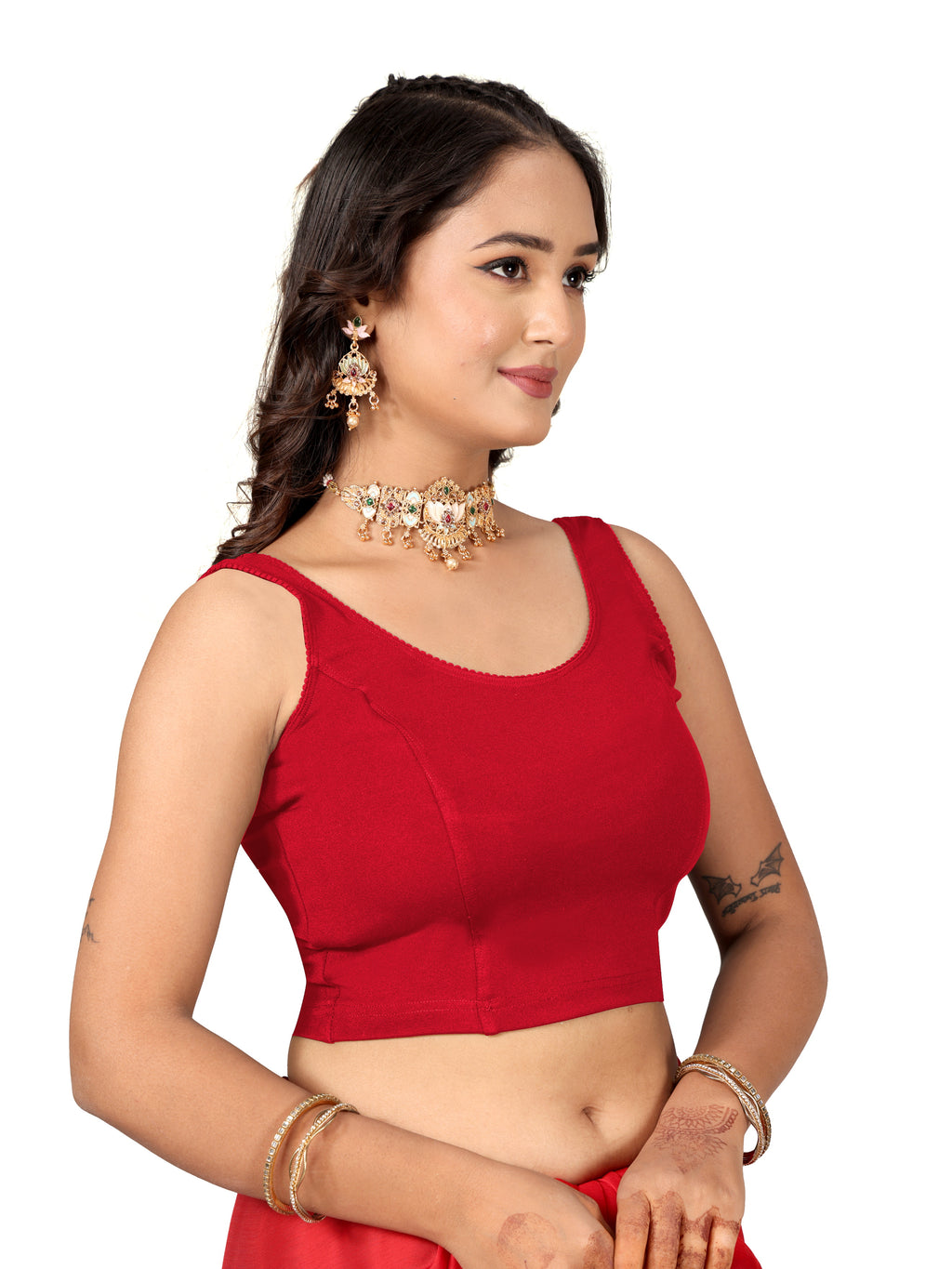 NIJER Women's Sleeveless Readymade Stretchable Saree Blouse | Round Neck Deep U Back Design