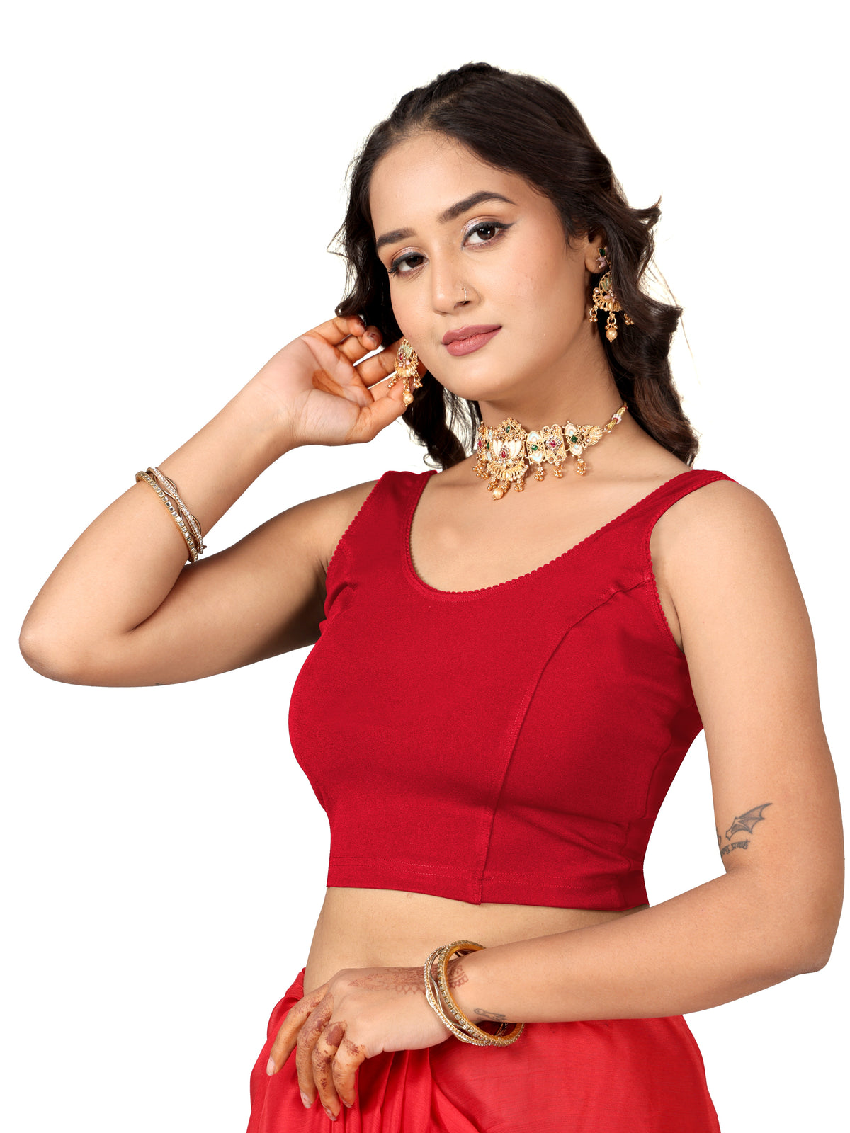 NIJER Women's Sleeveless Readymade Stretchable Saree Blouse | Round Neck Deep U Back Design