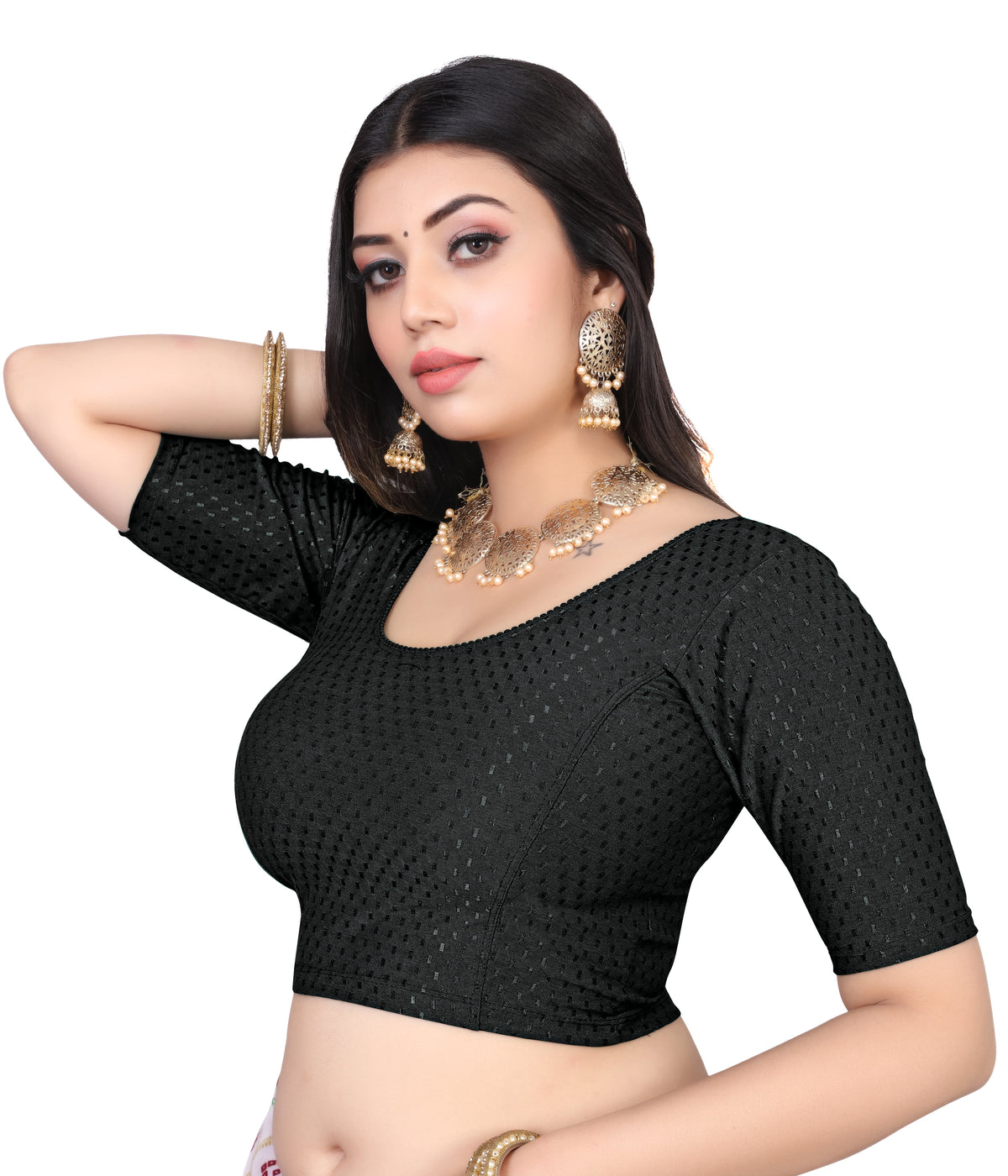 NIJER FASHION Women's Readymade Stretchable Textured Saree Blouse | Round Neck, Half Sleeve & Deep U Back