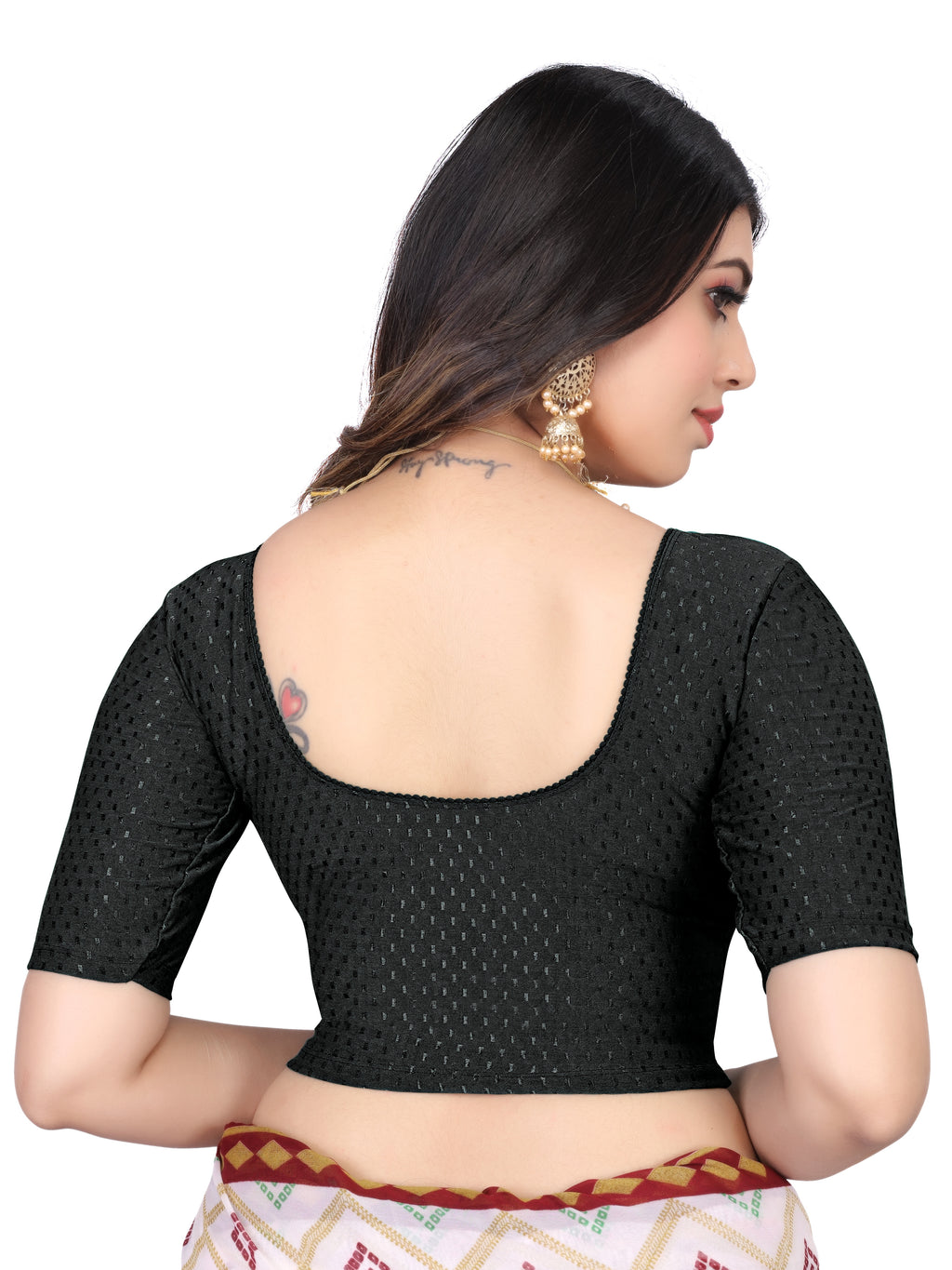 NIJER FASHION Women's Readymade Stretchable Textured Saree Blouse | Round Neck, Half Sleeve & Deep U Back