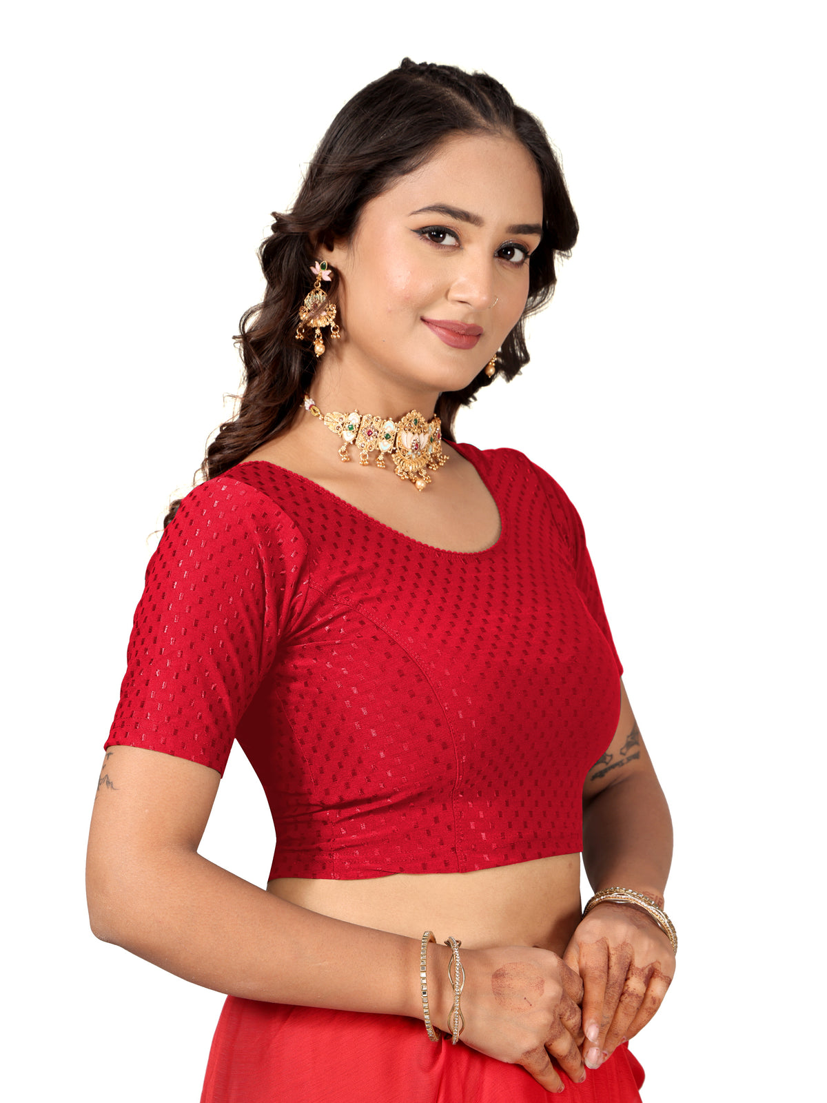 NIJER FASHION Women's Readymade Stretchable Round Neck Half Sleeve Saree Blouse