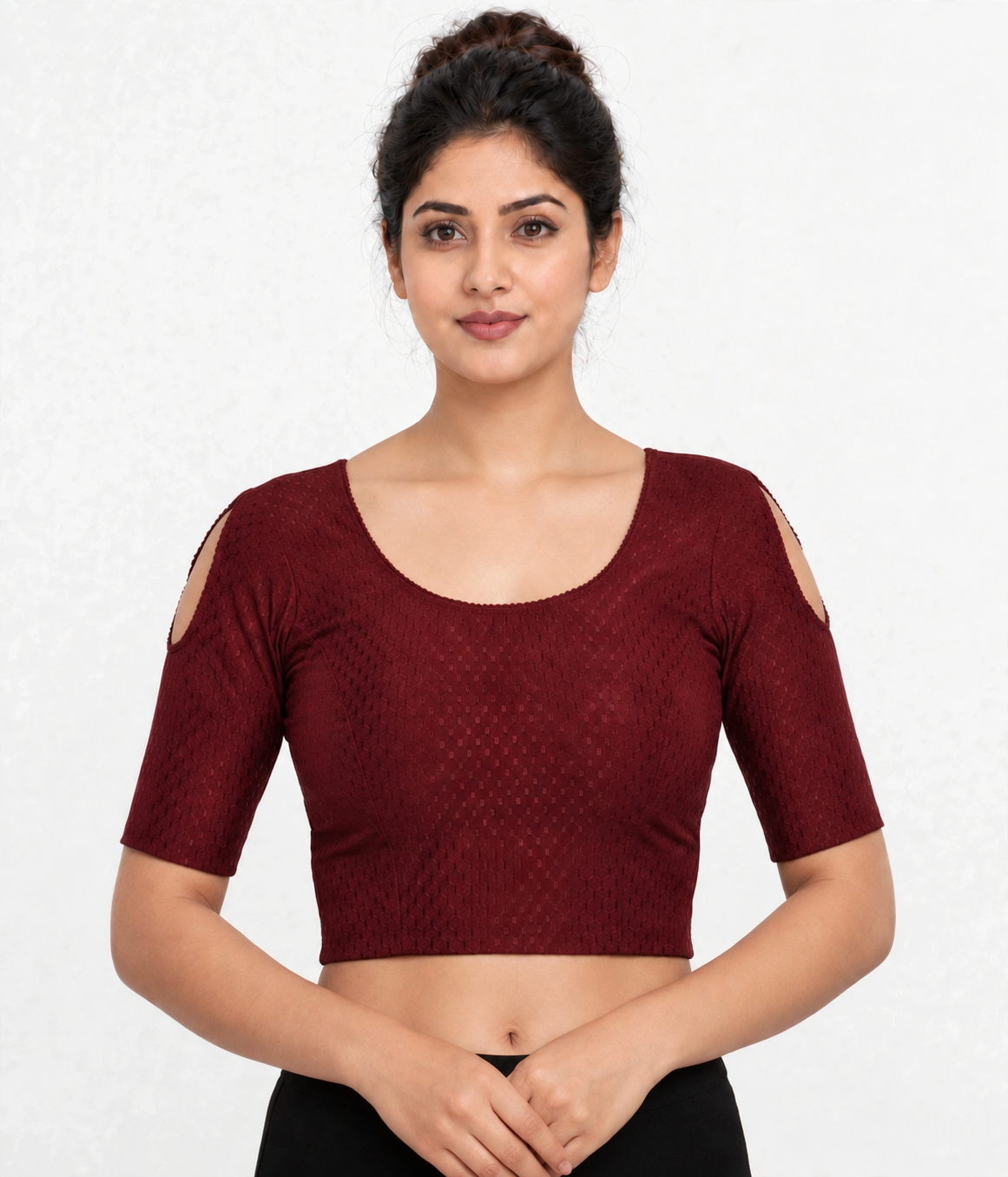 NIJER FASHION Women's Readymade Stretchable Textured Saree Blouse | Round Neck, Shoulder Cut Half Sleeve & Deep U Back