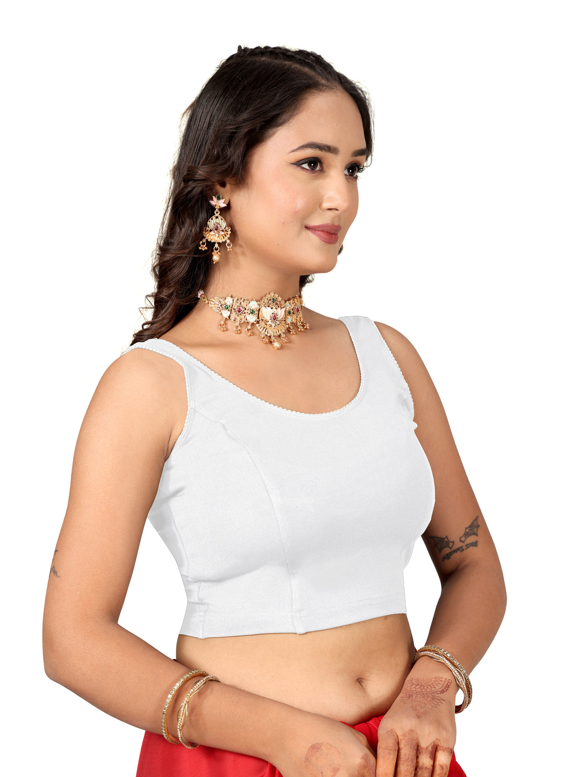 NIJER Women's Sleeveless Readymade Stretchable Saree Blouse | Round Neck Deep U Back Design | Stylish Plain Blouse