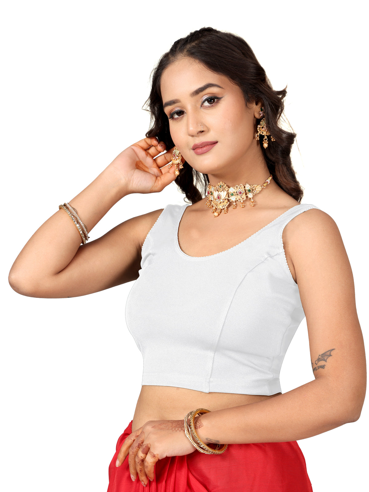 NIJER Women's Sleeveless Readymade Stretchable Saree Blouse | Round Neck Deep U Back Design | Stylish Plain Blouse