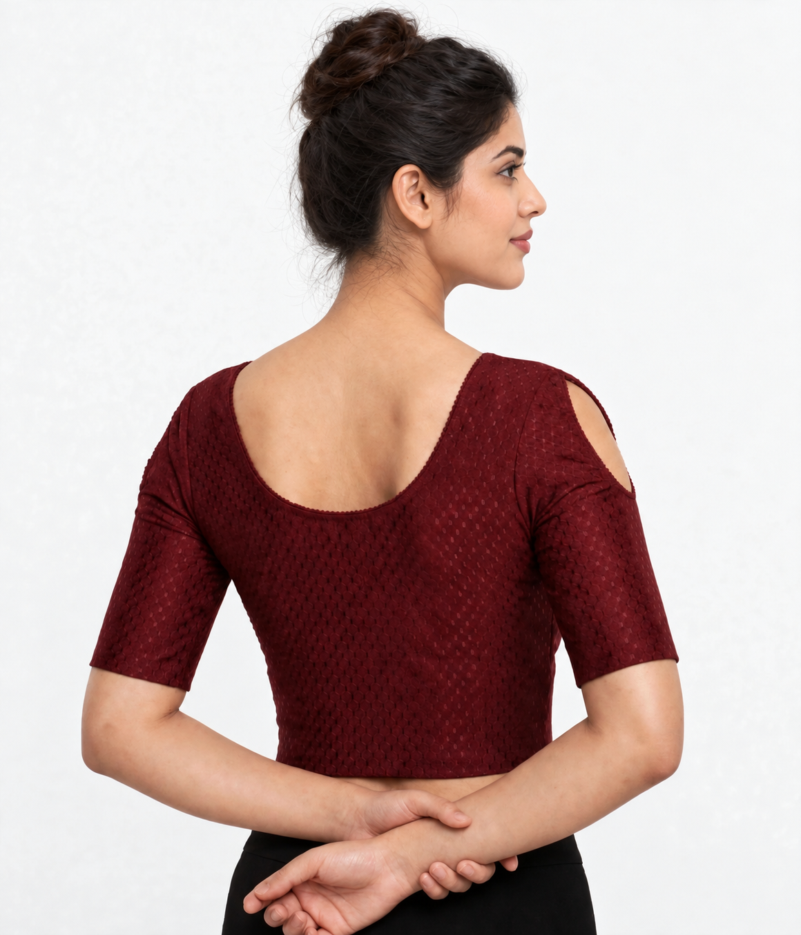 NIJER FASHION Women's Readymade Stretchable Textured Saree Blouse | Round Neck, Shoulder Cut Half Sleeve & Deep U Back