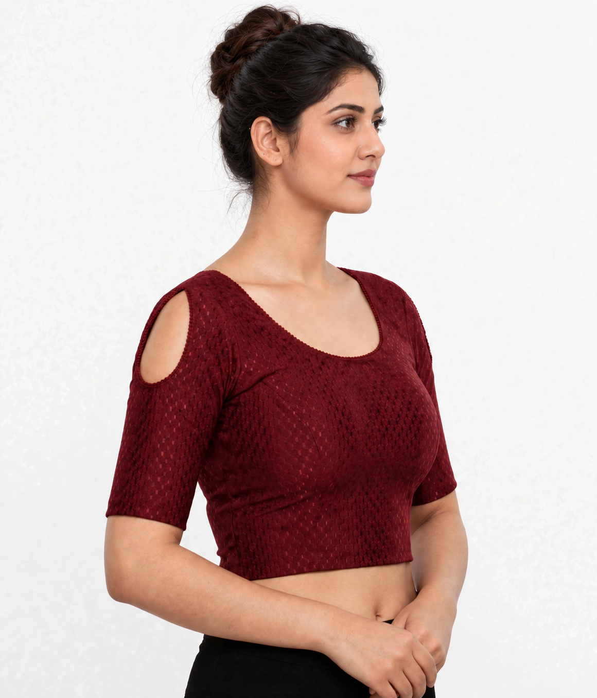 NIJER FASHION Women's Readymade Stretchable Textured Saree Blouse | Round Neck, Shoulder Cut Half Sleeve & Deep U Back