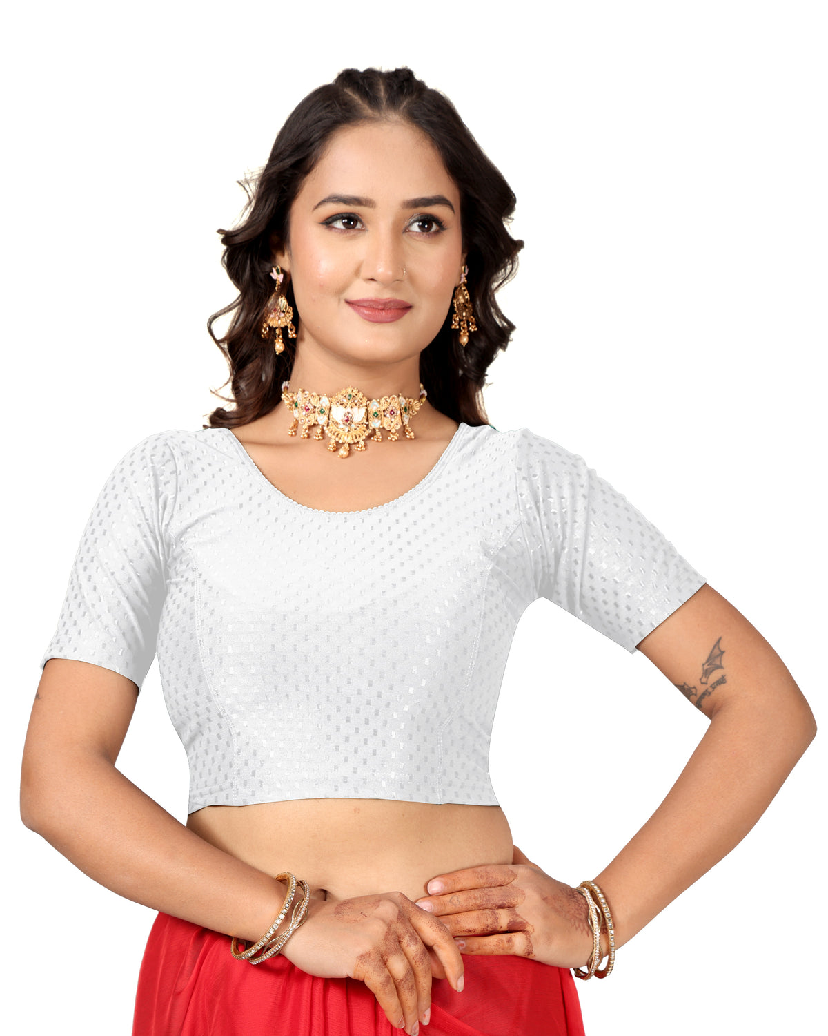 NIJER FASHION Women's Readymade Stretchable Round Neck Half Sleeve Saree Blouse
