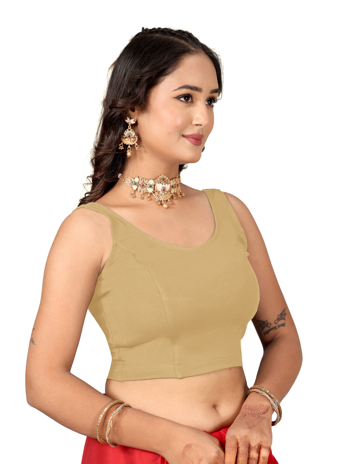 NIJER Women's Sleeveless Readymade Stretchable Saree Blouse | Round Neck Deep U Back Design | Stylish Plain Blouse