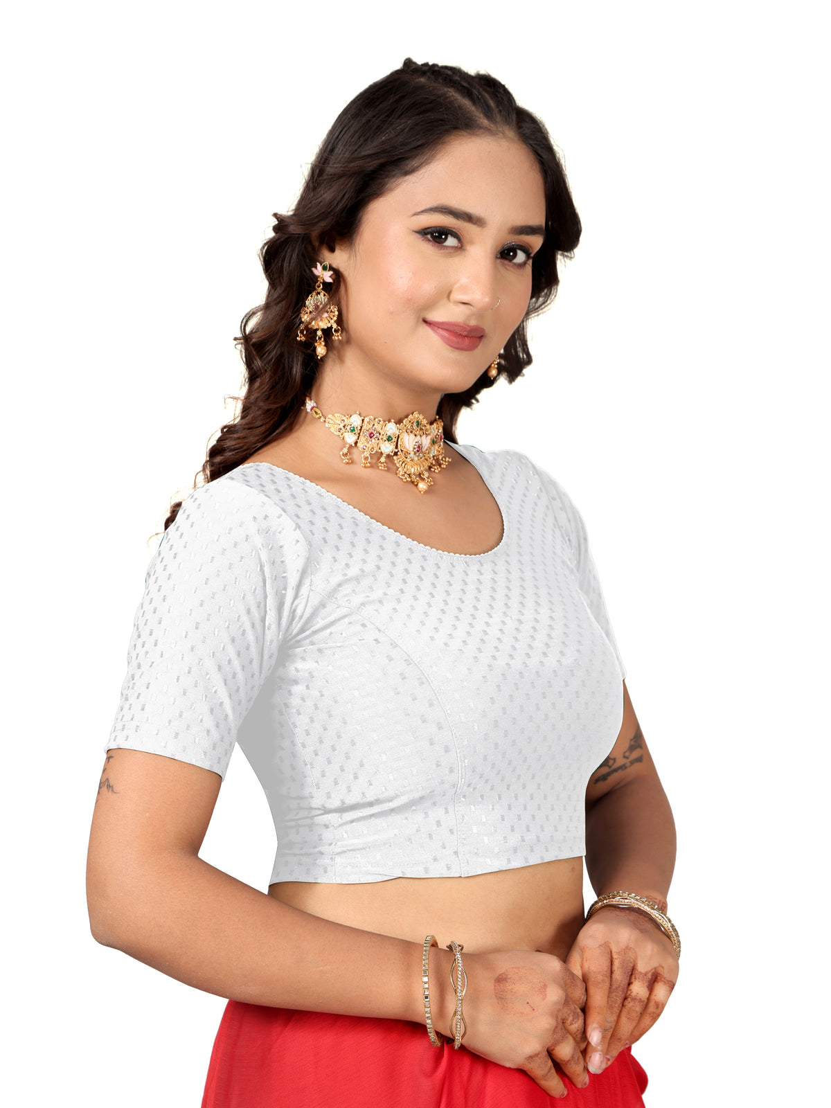 NIJER FASHION Women's Readymade Stretchable Round Neck Half Sleeve Saree Blouse