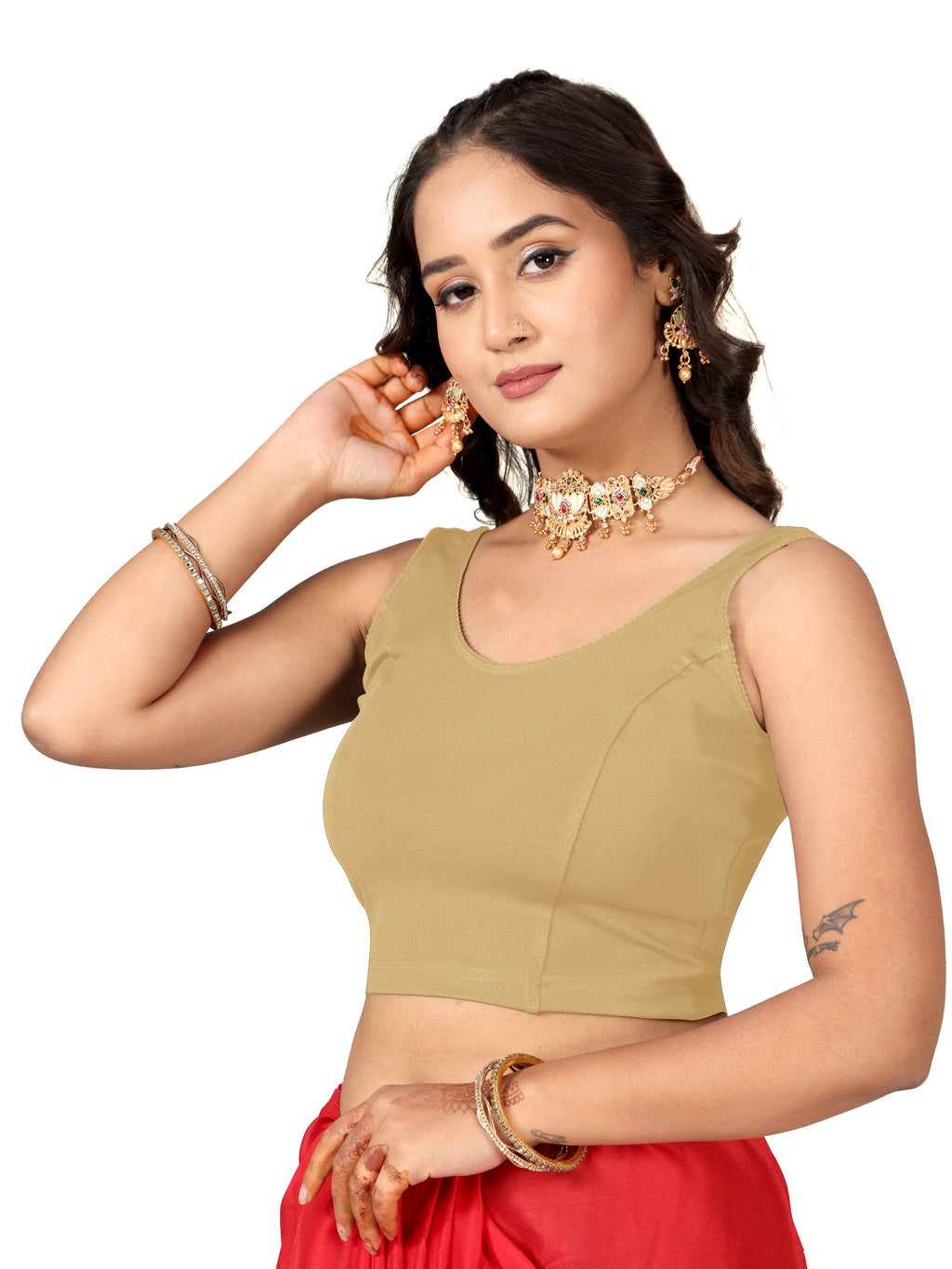 NIJER Women's Sleeveless Readymade Stretchable Saree Blouse | Round Neck Deep U Back Design | Stylish Plain Blouse