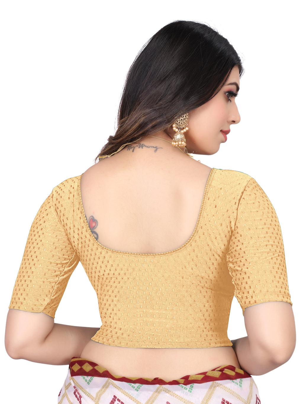 NIJER FASHION Women's Readymade Stretchable Textured Saree Blouse | Round Neck, Half Sleeve & Deep U Back