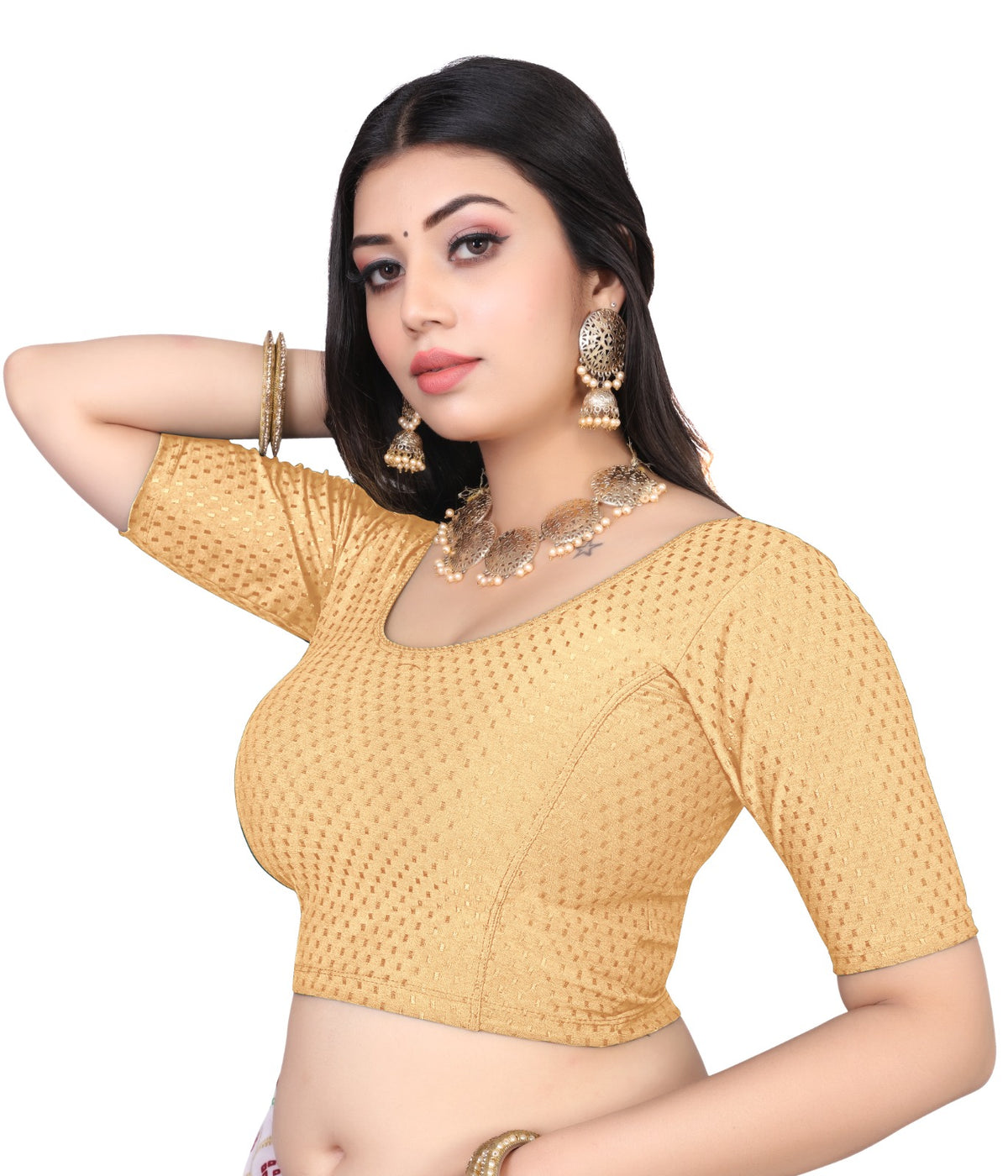 NIJER FASHION Women's Readymade Stretchable Textured Saree Blouse | Round Neck, Half Sleeve & Deep U Back