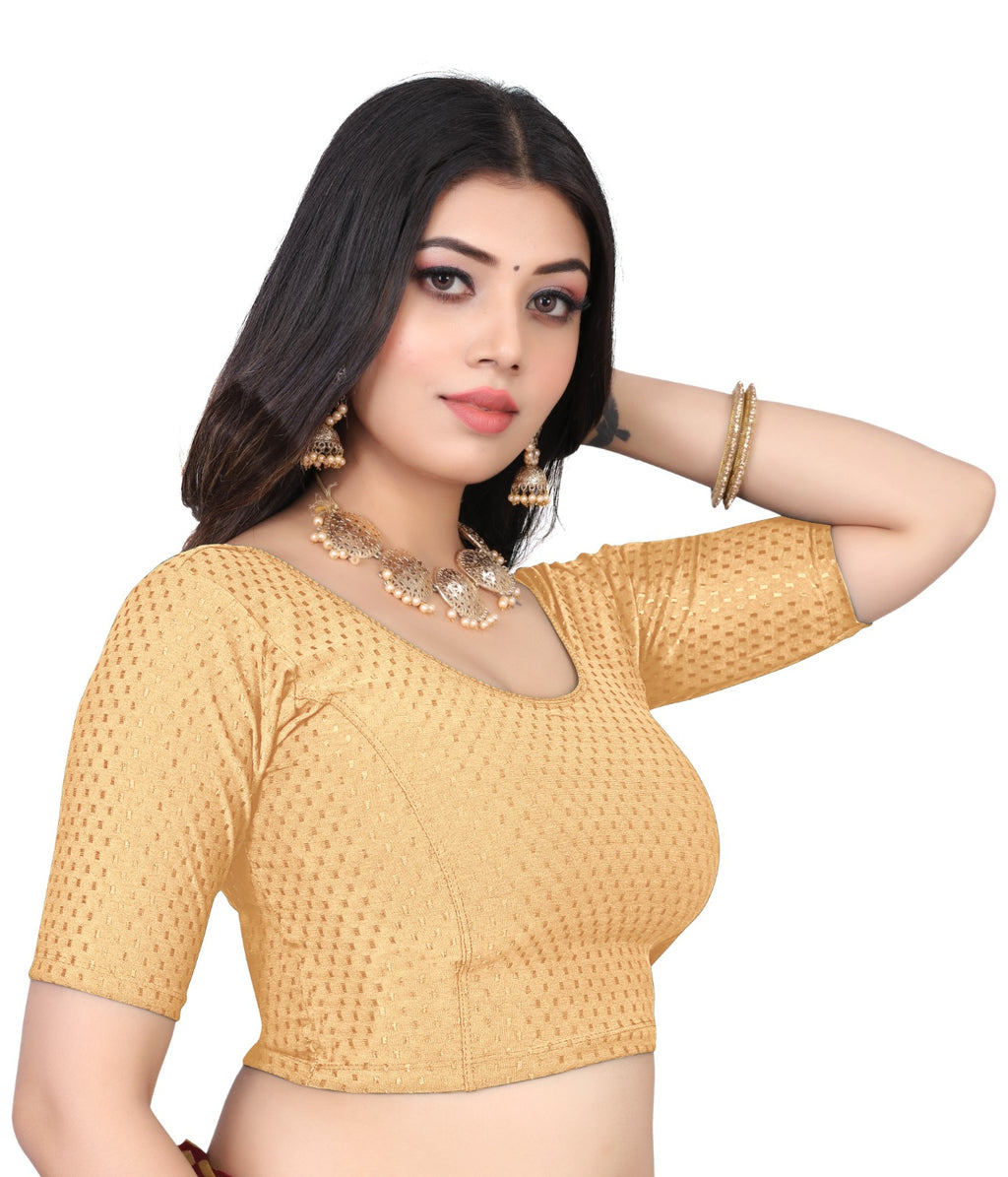 NIJER FASHION Women's Readymade Stretchable Textured Saree Blouse | Round Neck, Half Sleeve & Deep U Back
